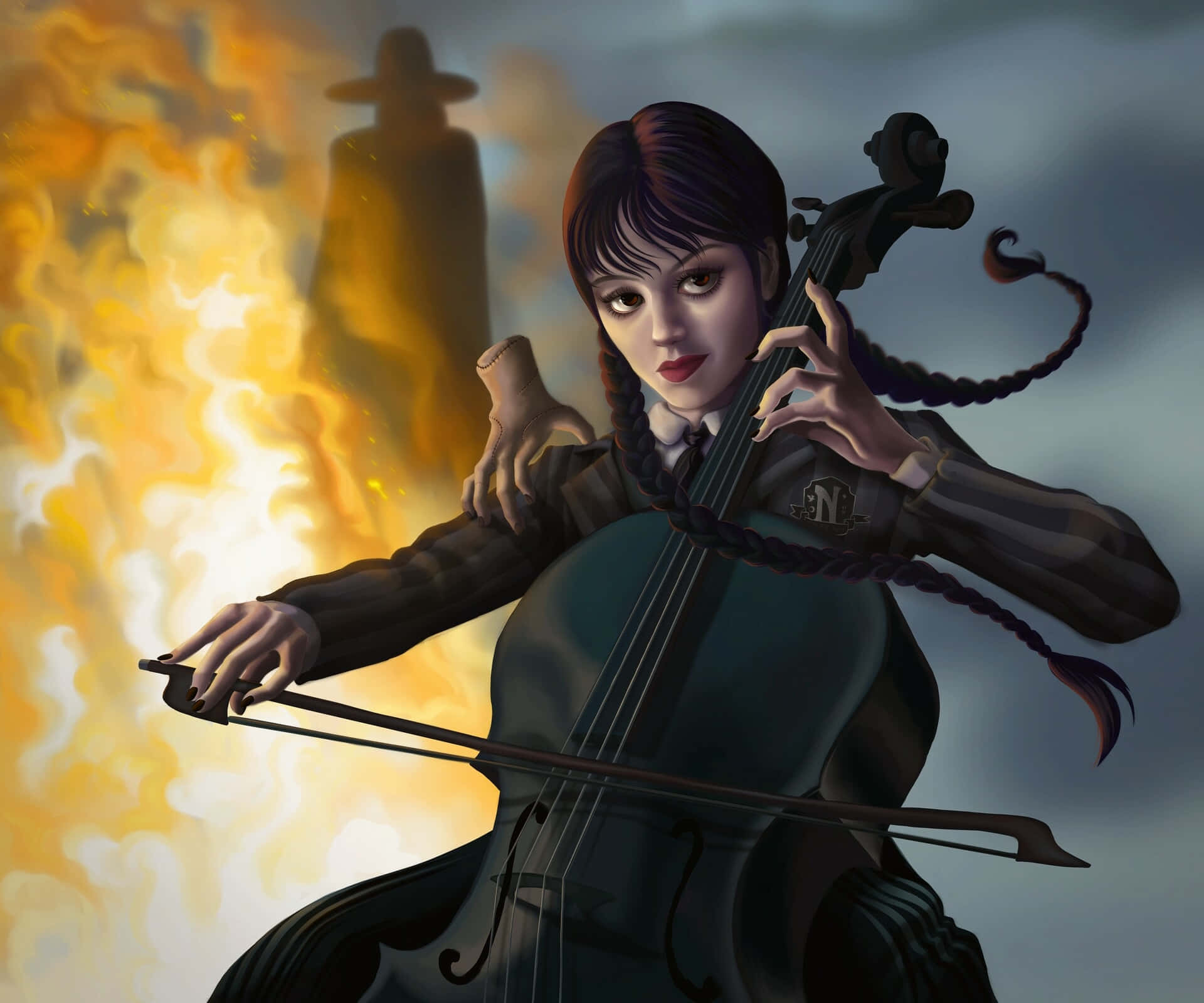 Wednesday_ Addams_ Playing_ Cello_ Fire_ Background Wallpaper
