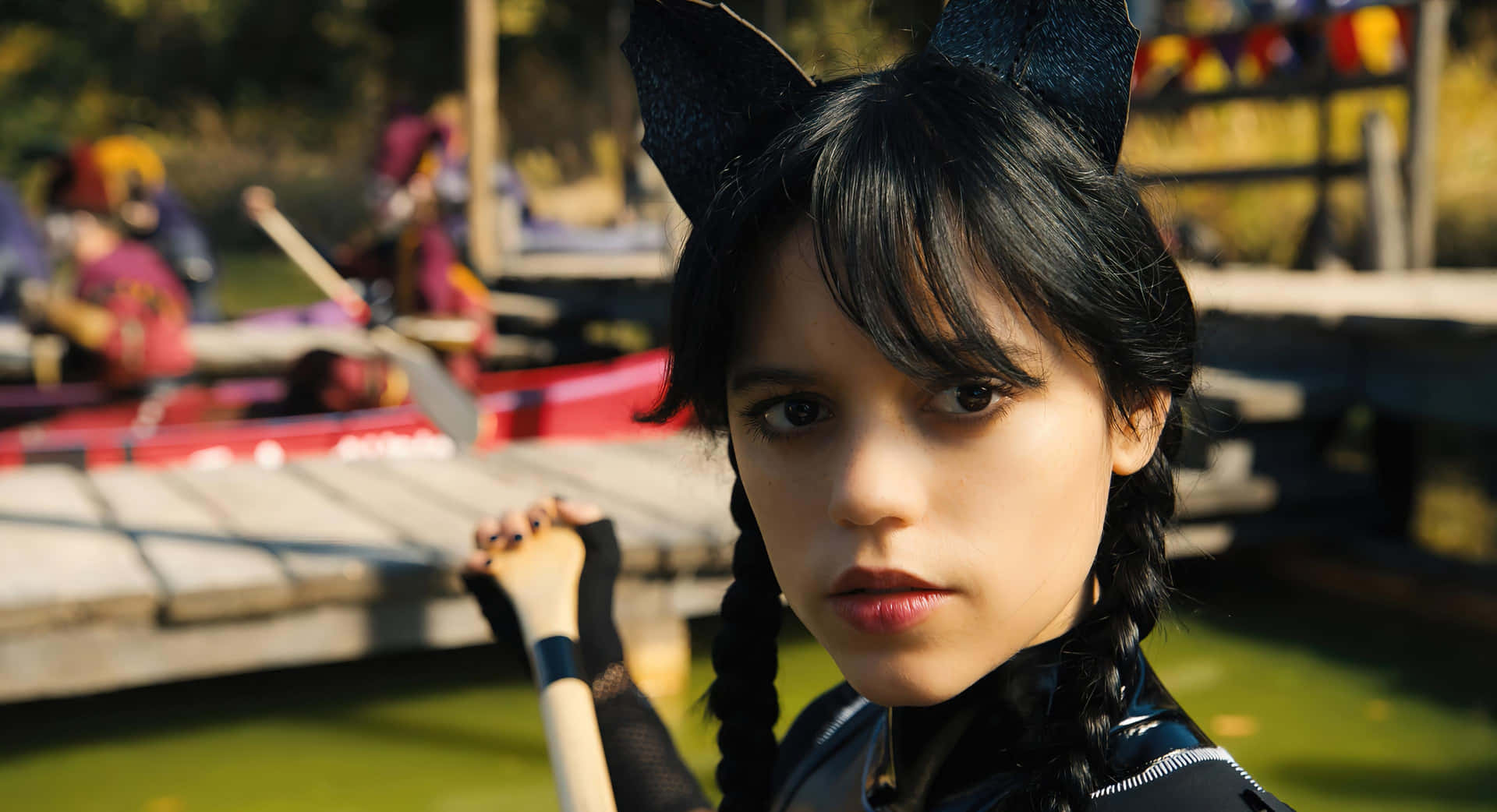Wednesday Addams With Cat Ears Outdoors Wallpaper
