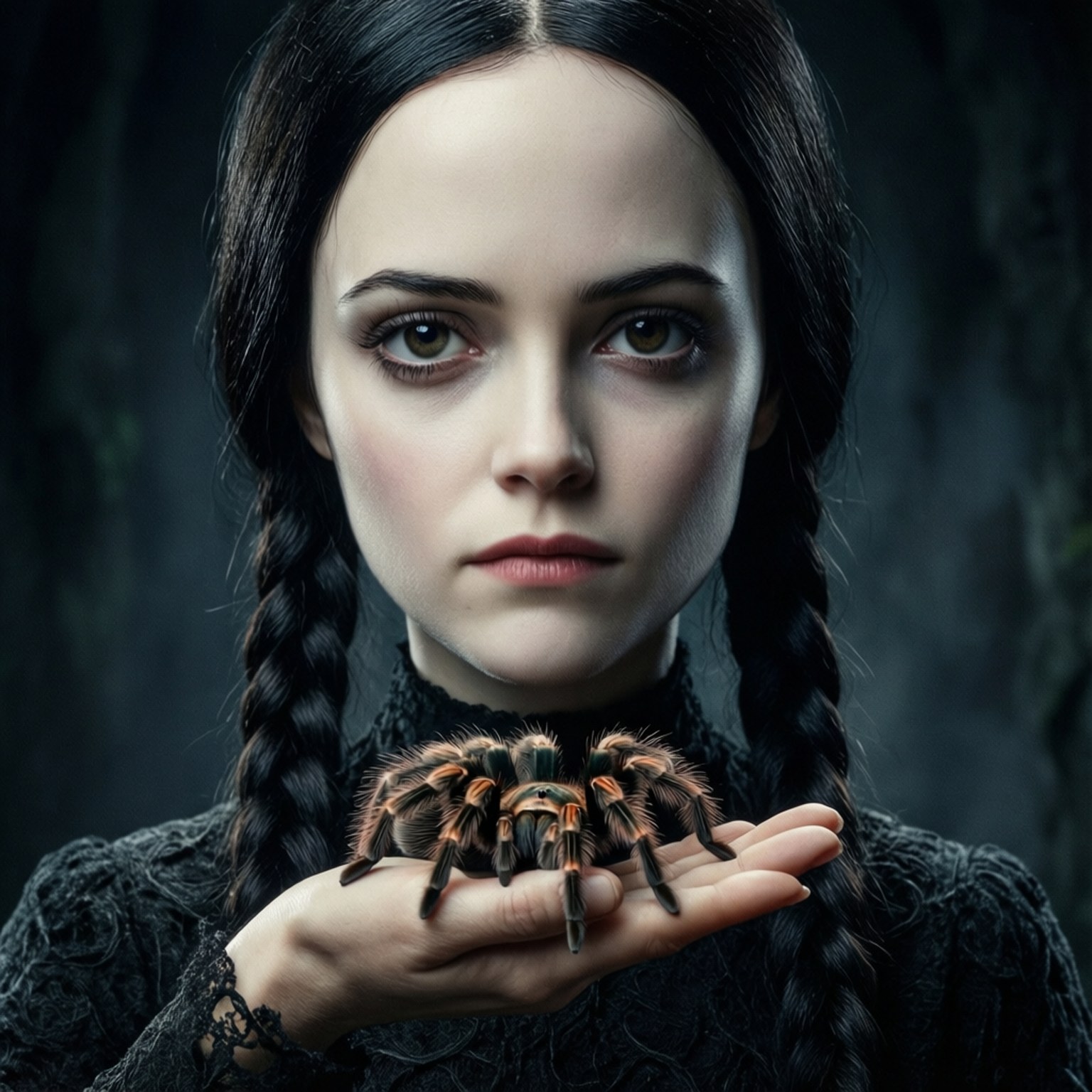 Wednesday Addams holder en tarantel med et roligt blik.