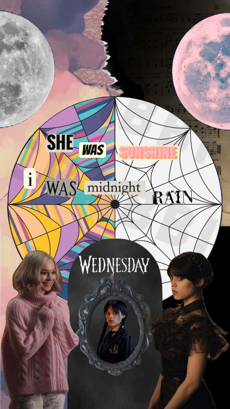 Wednesday Enid Contrasting Personalities Collage Wallpaper