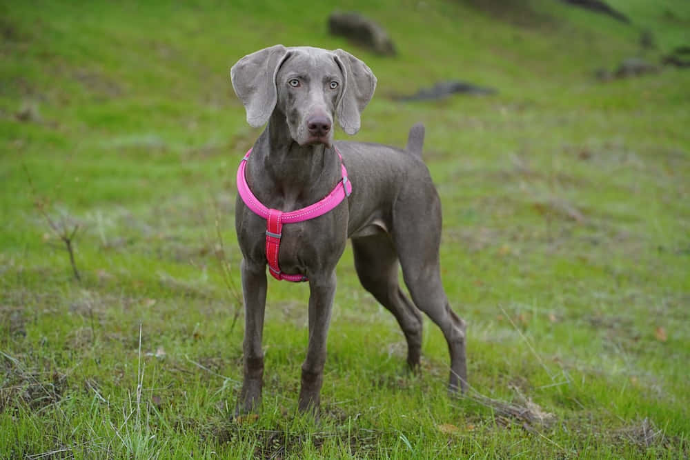 a grey dog standing in a field with a pink harness