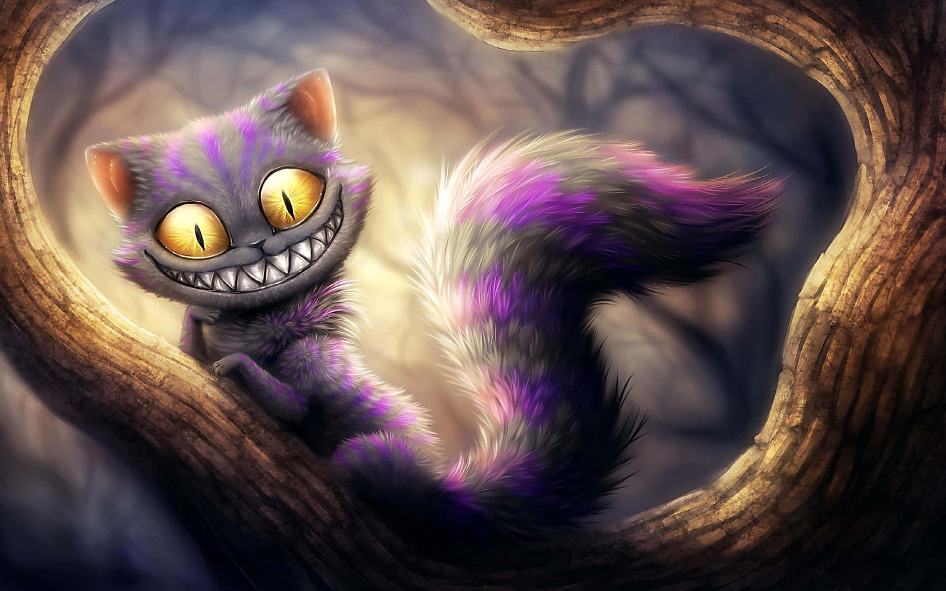 Konstigbild Av En Cheshirekatt Som Ligger På Ett Träd.