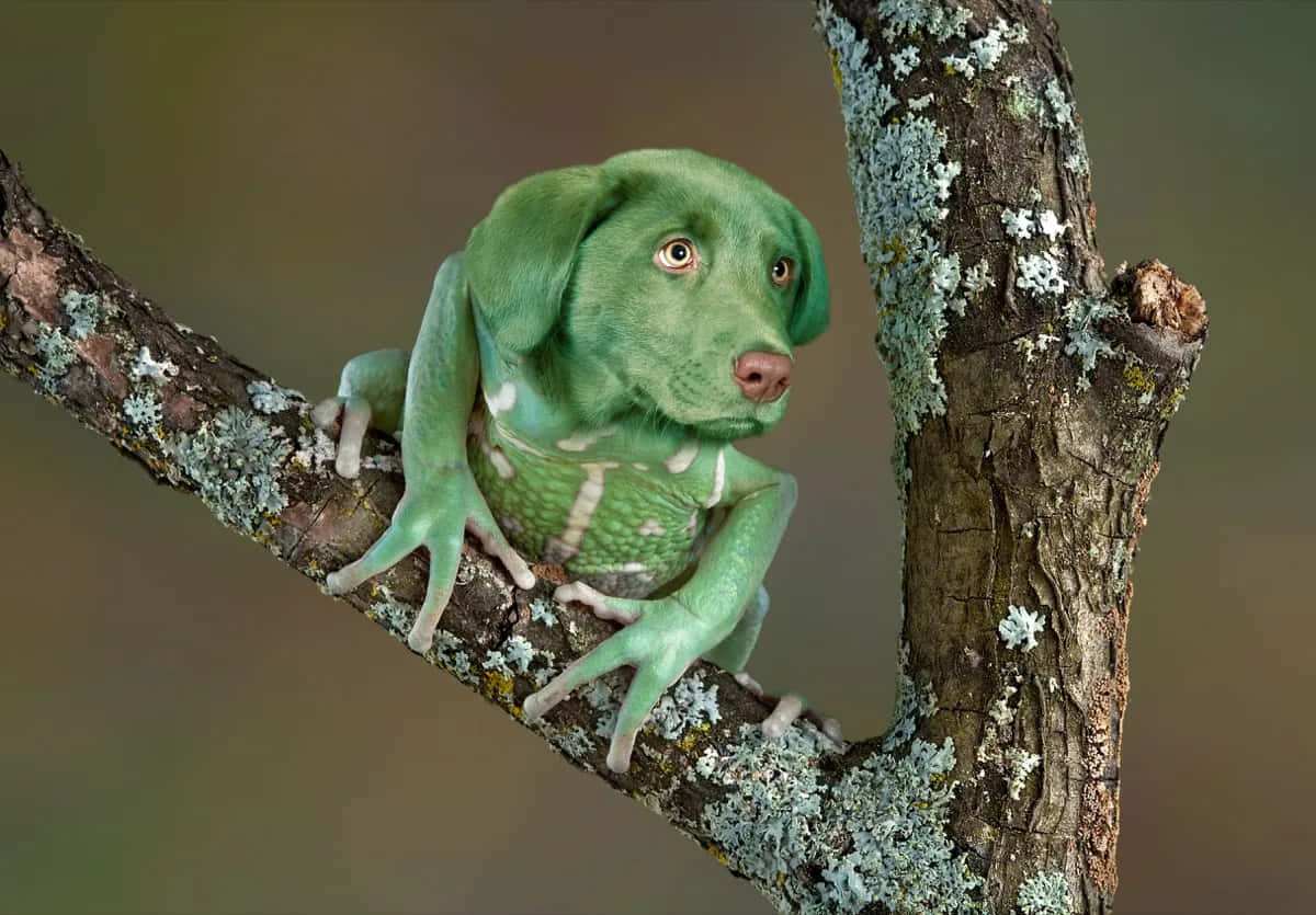 A Green Dog Sitting On A Branch