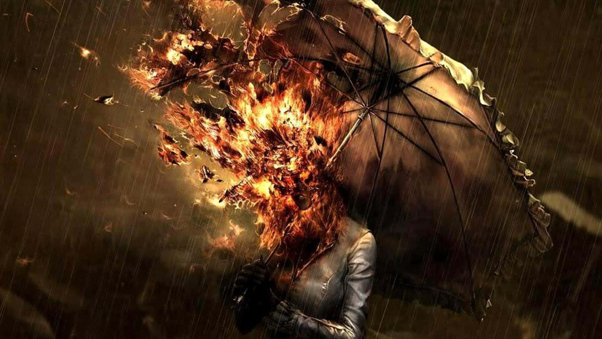Seltsamefrau Mit Brennendem Regenschirm Während Des Regens Bild