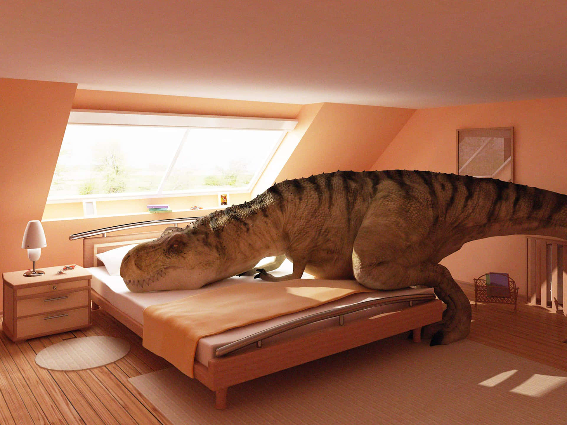 Weird Tyrannosaurus Rex On Bed Picture