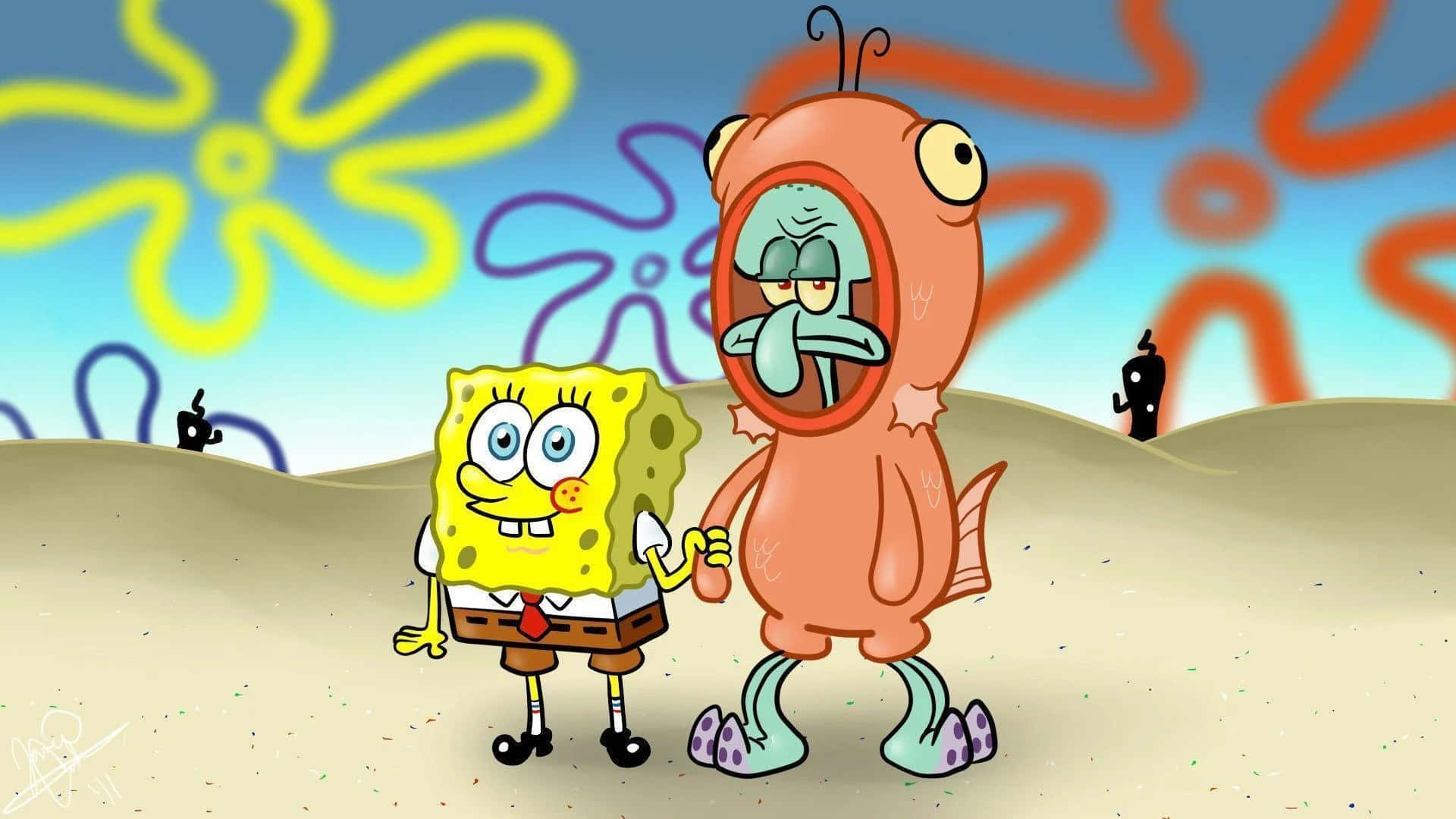 Konstigbild Med Spongebob Och Squidward I Konstiga Kostymer.