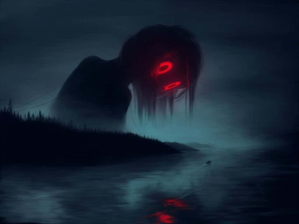 A Dark Painting Of A Creature With Red Eyes