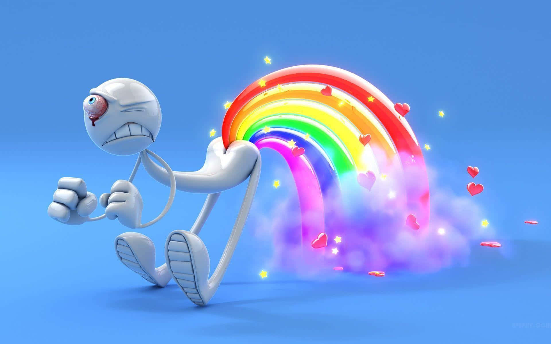 A Cartoon Character Is Running Through A Rainbow