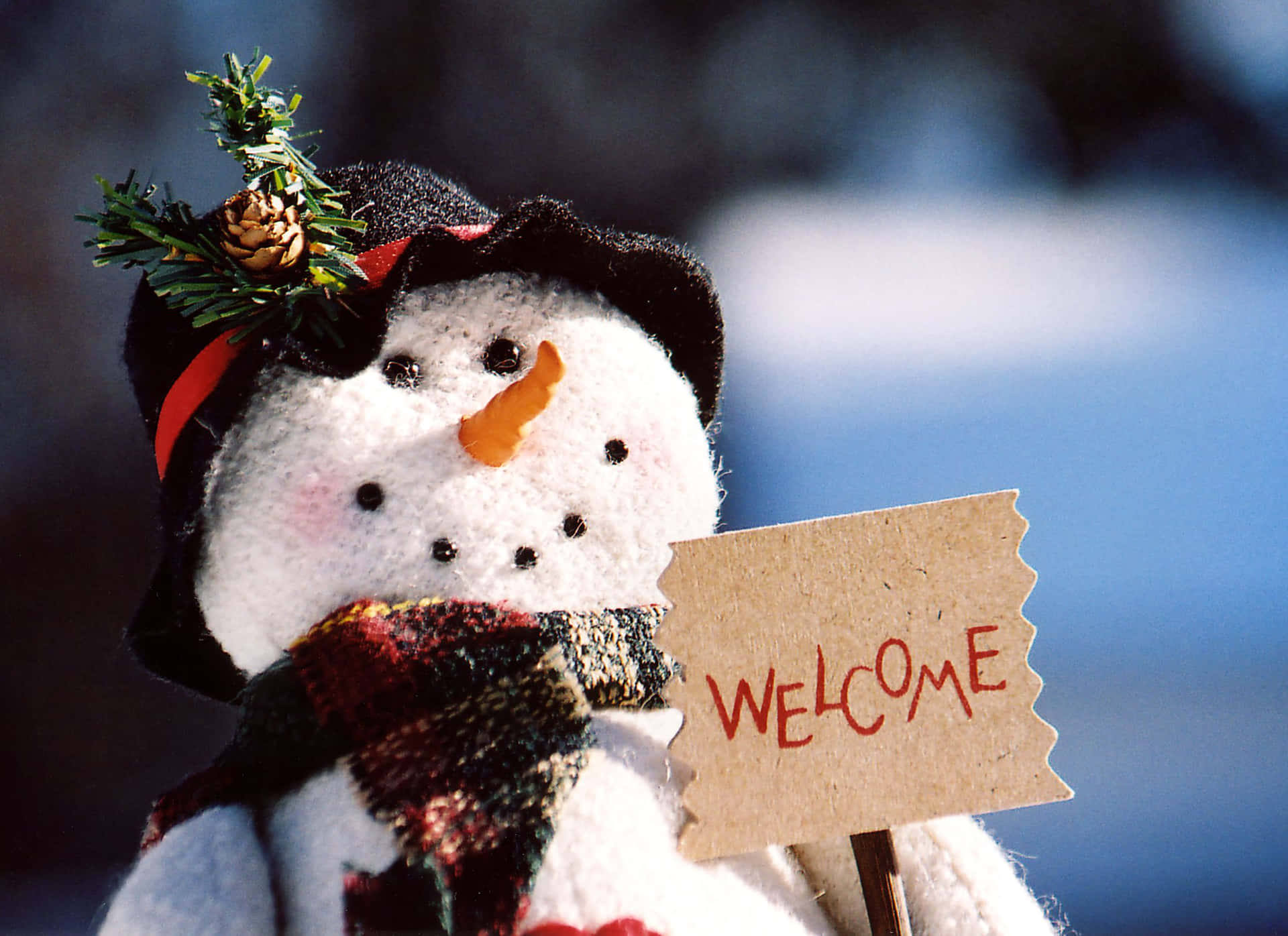 A Snowman Holding A Welcome Sign