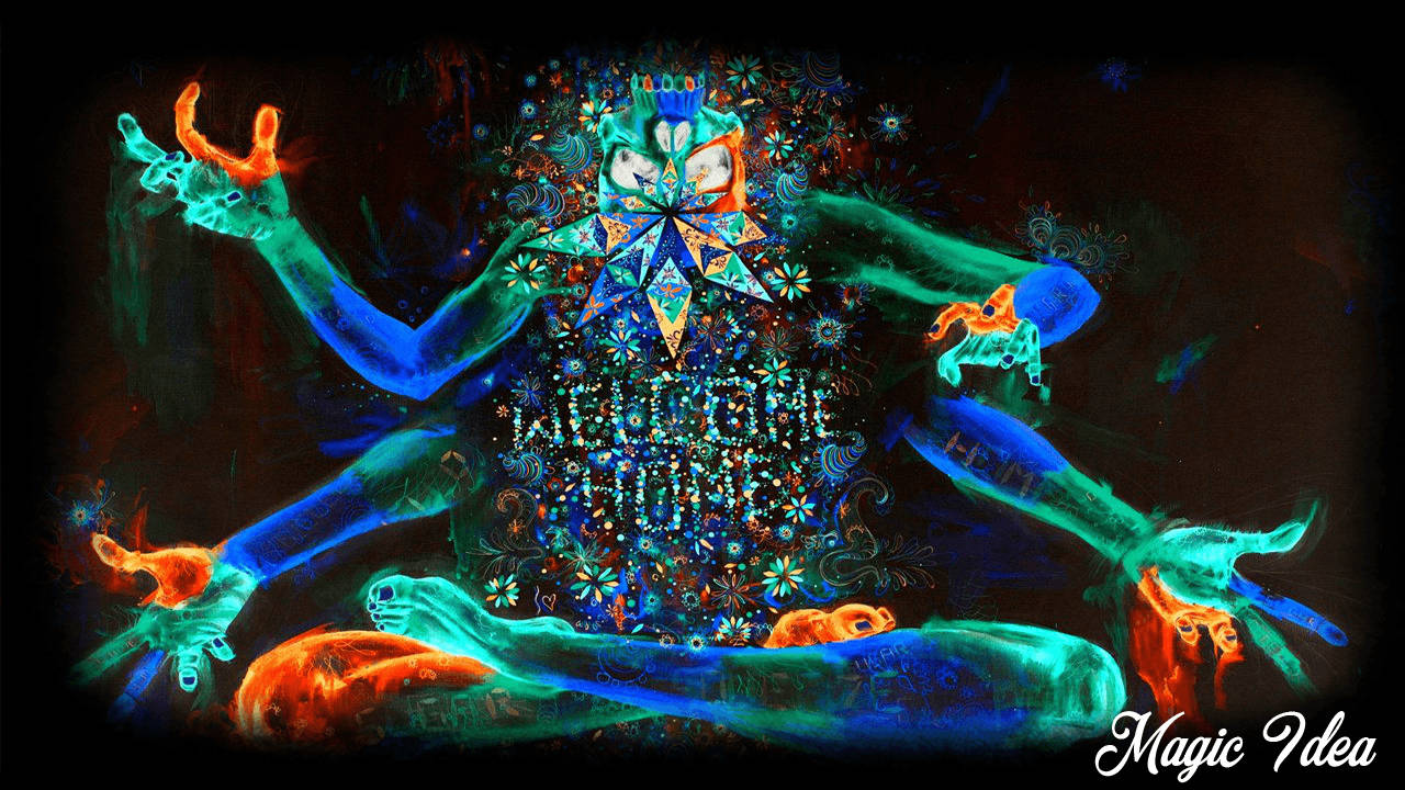 A psychedelic art wallpaper in bright neon colors and a welcome home note.