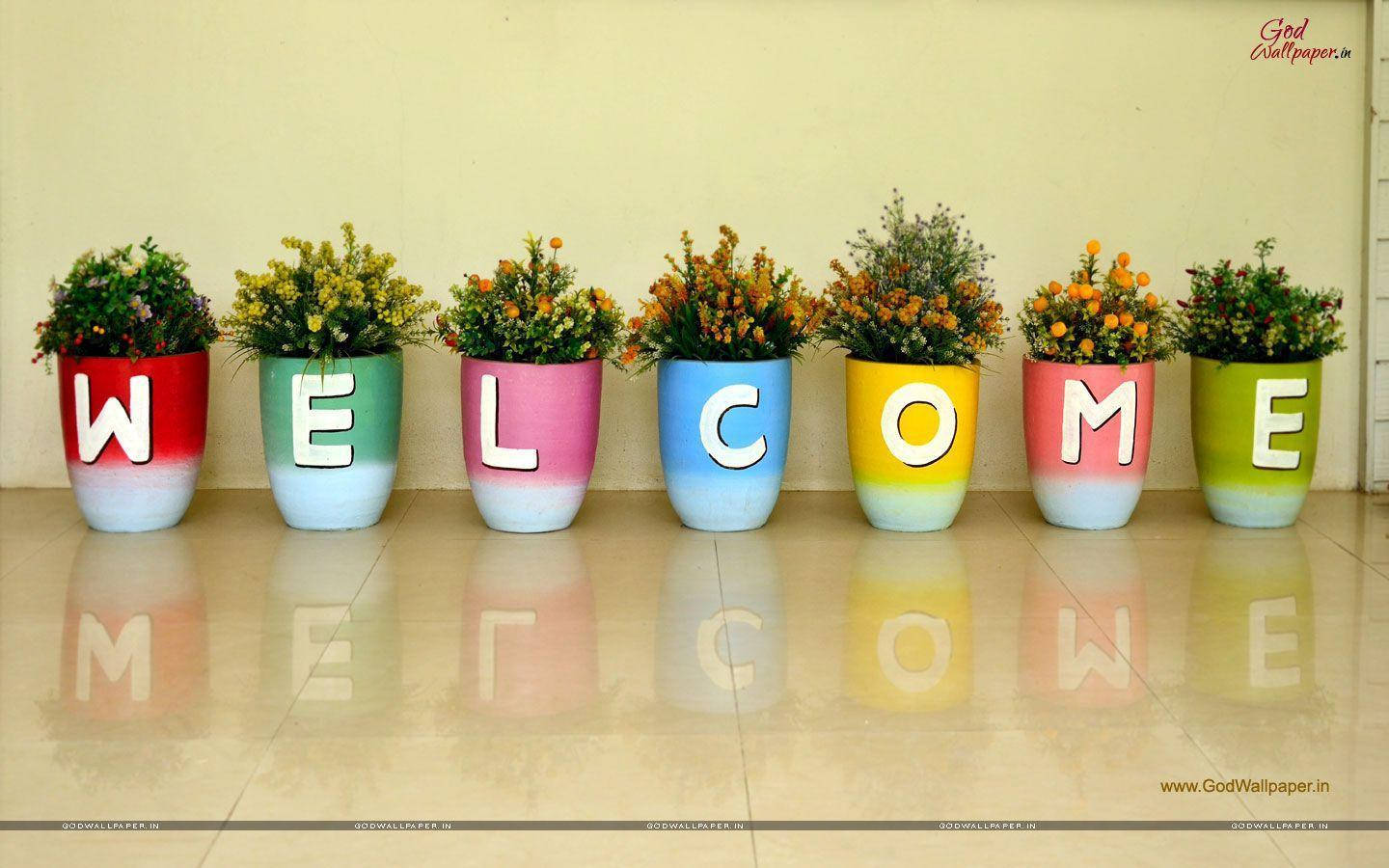 Welcome Letters On Flower Pots Wallpaper