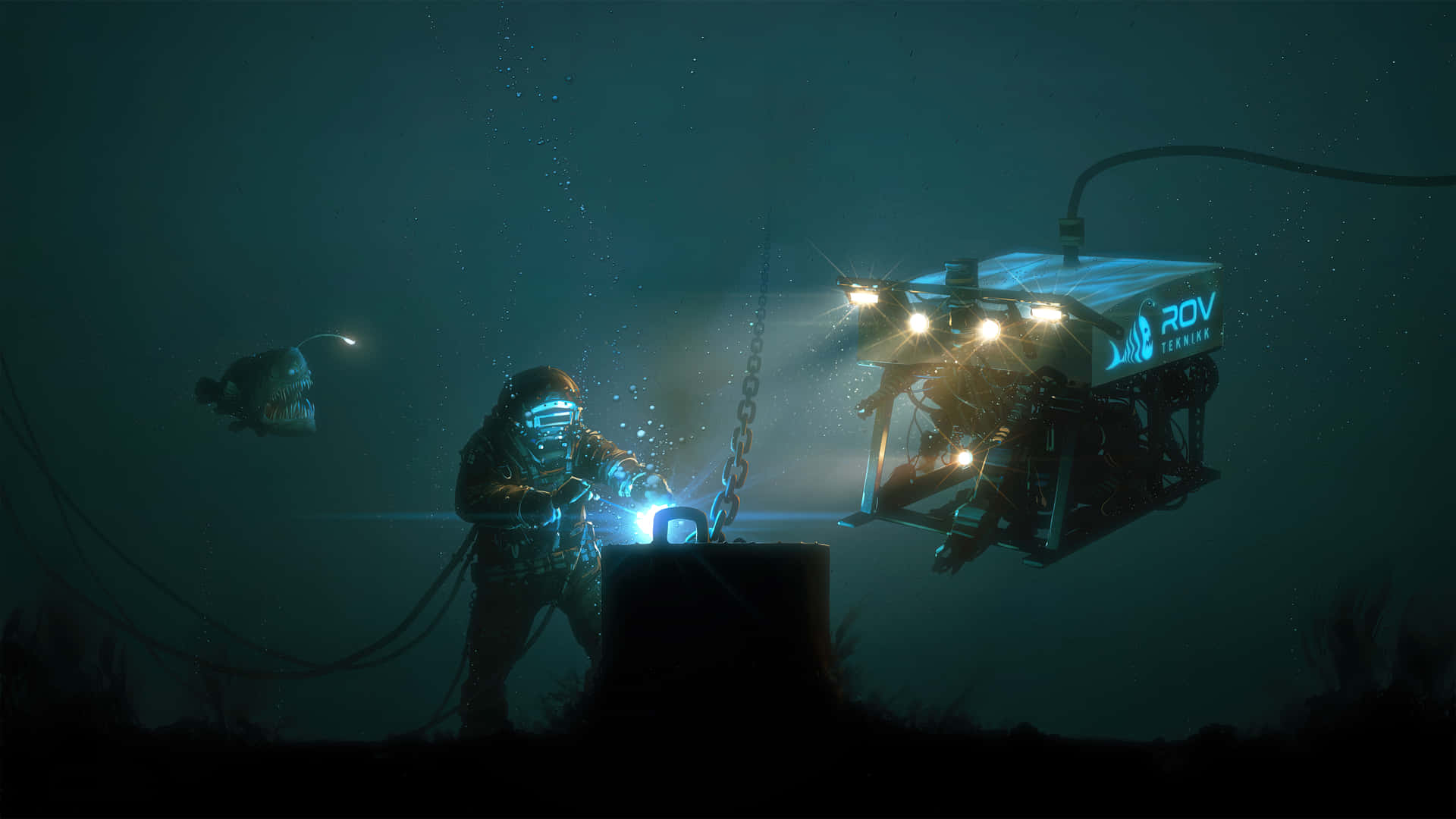 Einmann Arbeitet An Einer Maschine Unter Wasser. Wallpaper