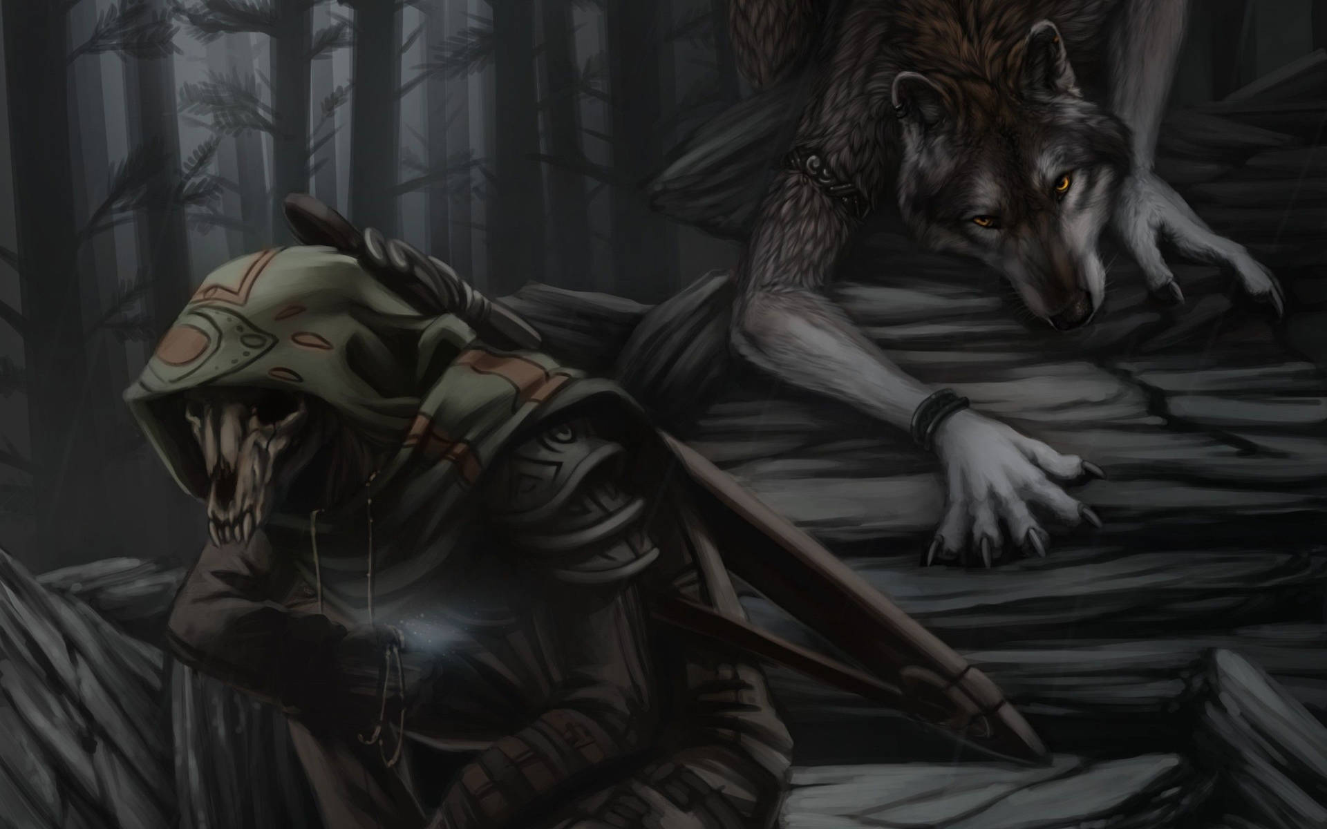 Werewolf and hunter clash over a mysterious skull Wallpaper