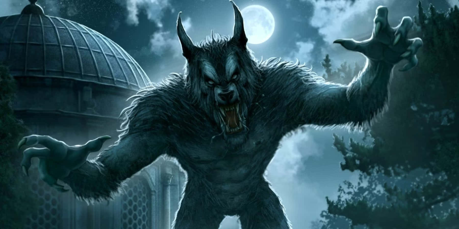 An aged werewolf howls against the night sky
