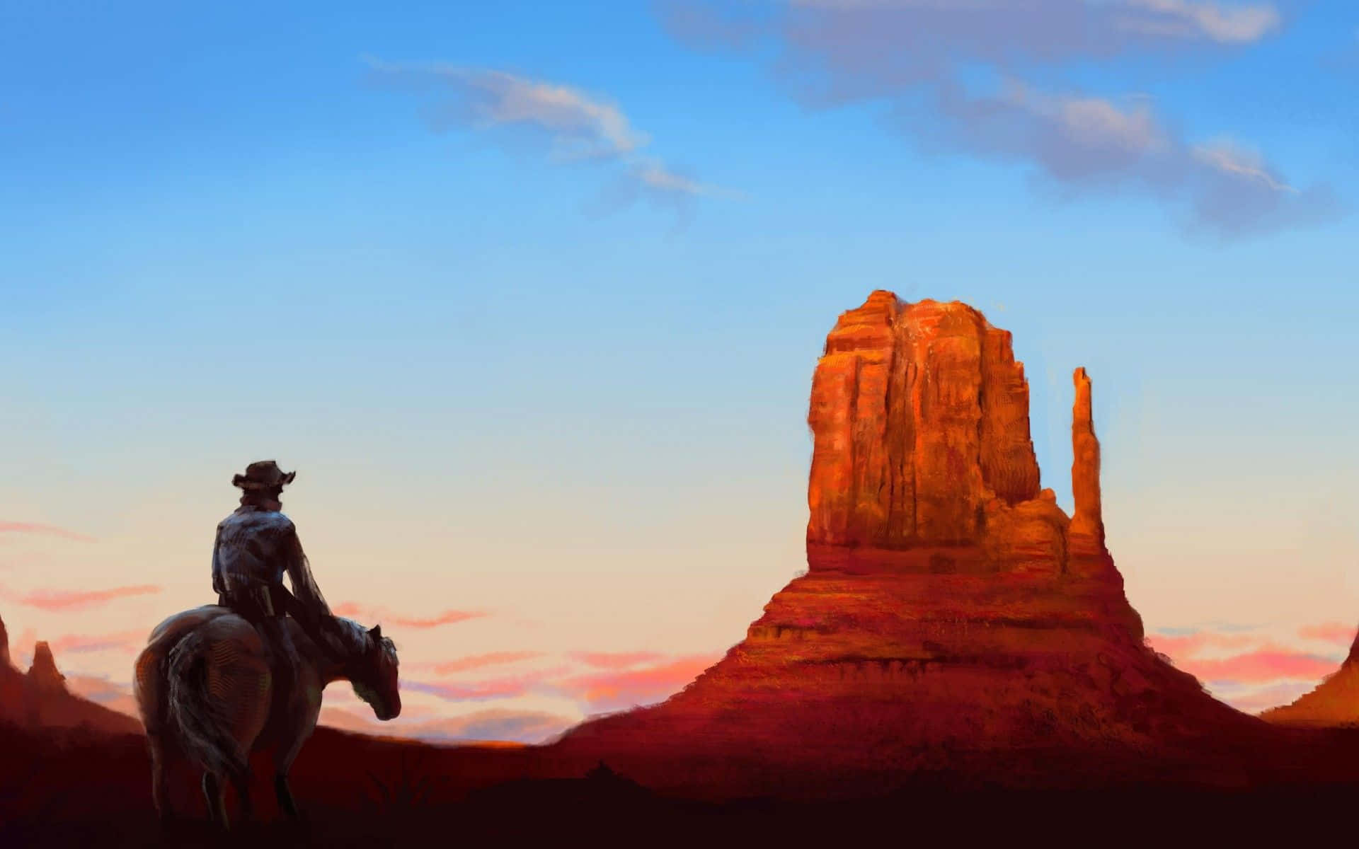 Stunning view of a Cowboy in Western landscape Wallpaper