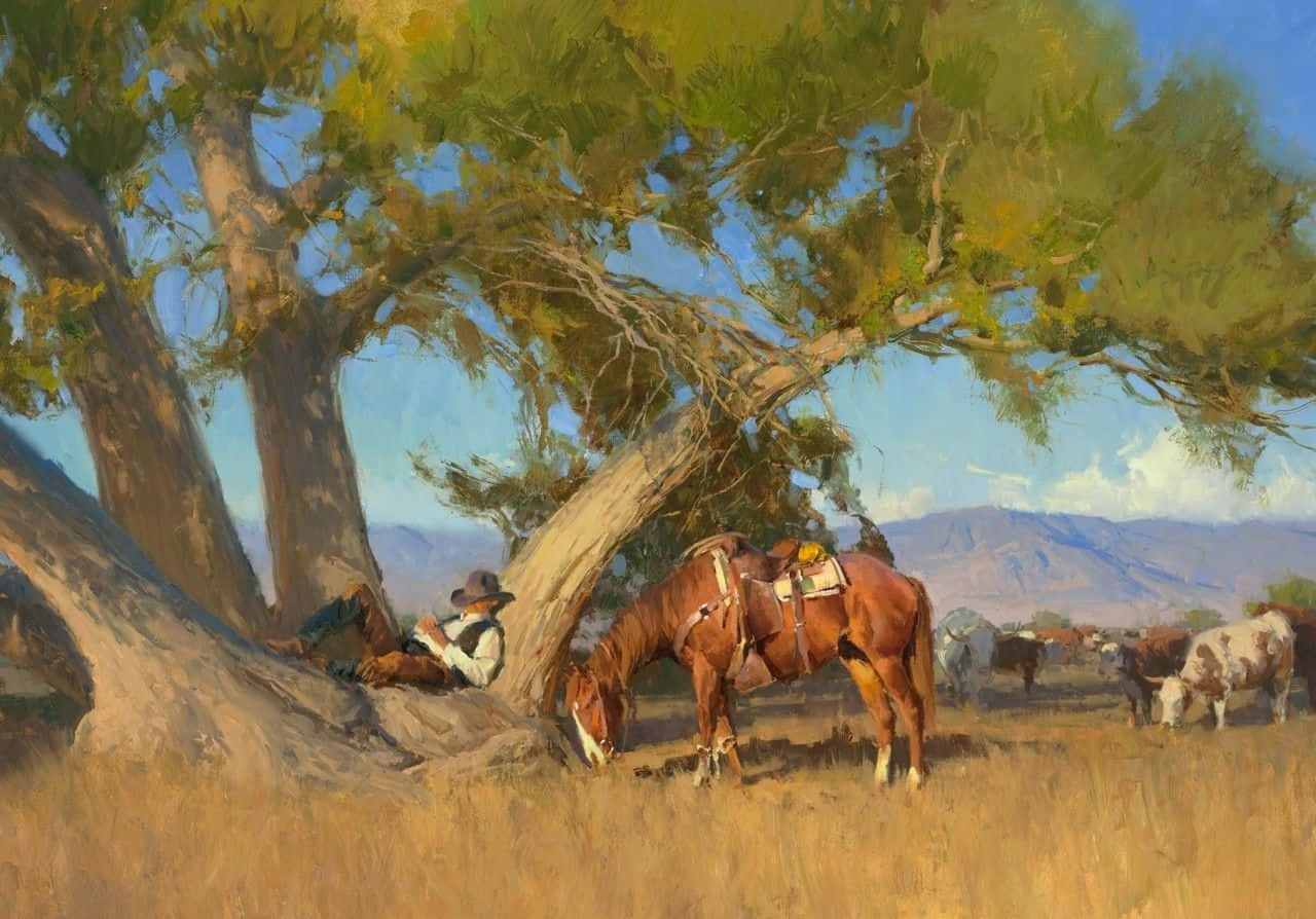 Painting Of Resting Western Cowboy Desktop Wallpaper