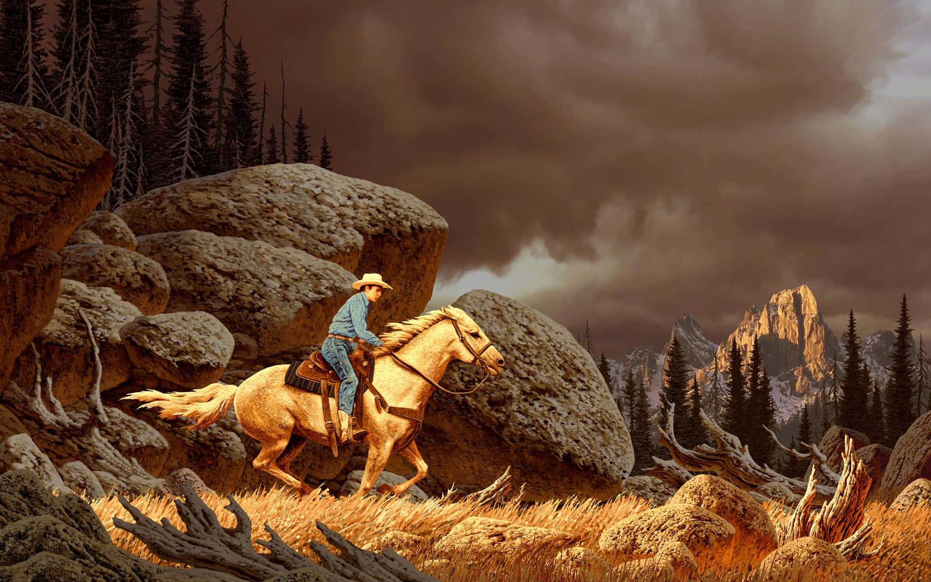 Encowboy På Sin Hest Ridende Gennem En Støvet Ørken.