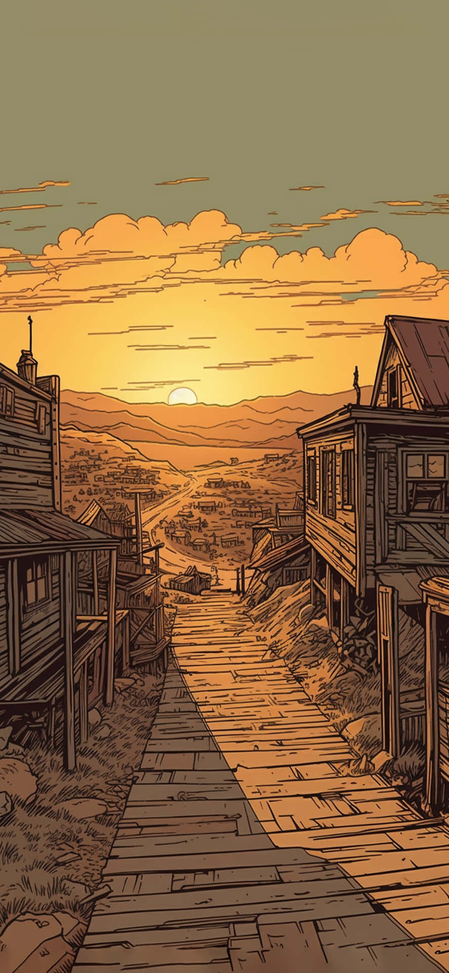 Download Western Sunset Old Town Illustration Wallpaper | Wallpapers.com