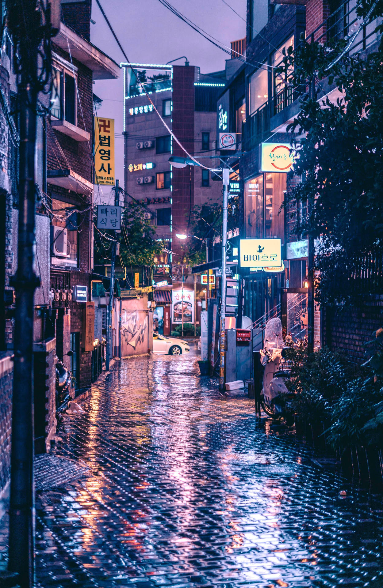 A glimpse of serenity: Korean Aesthetic in a Wet Street Scene Wallpaper
