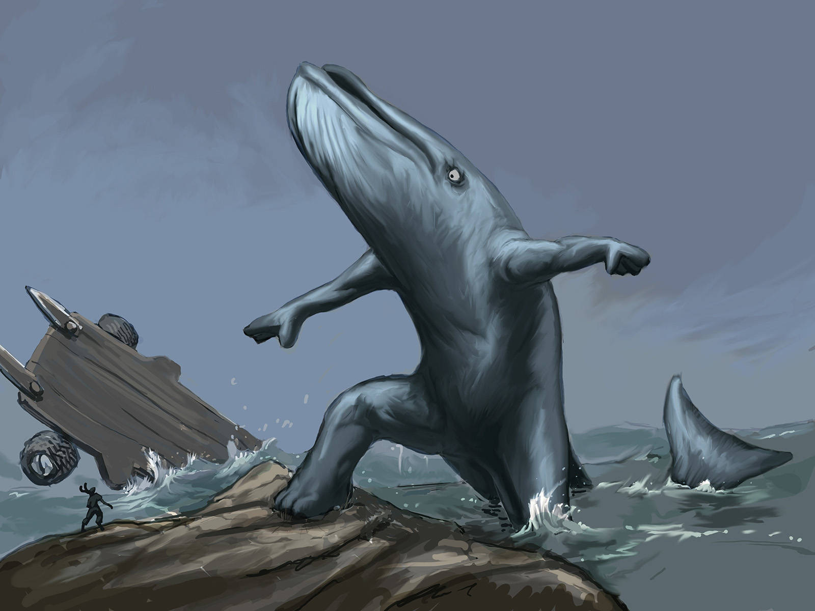 Balena In Piedi In Posizione Verticale Che Combatte Contro Un Uomo Sfondo