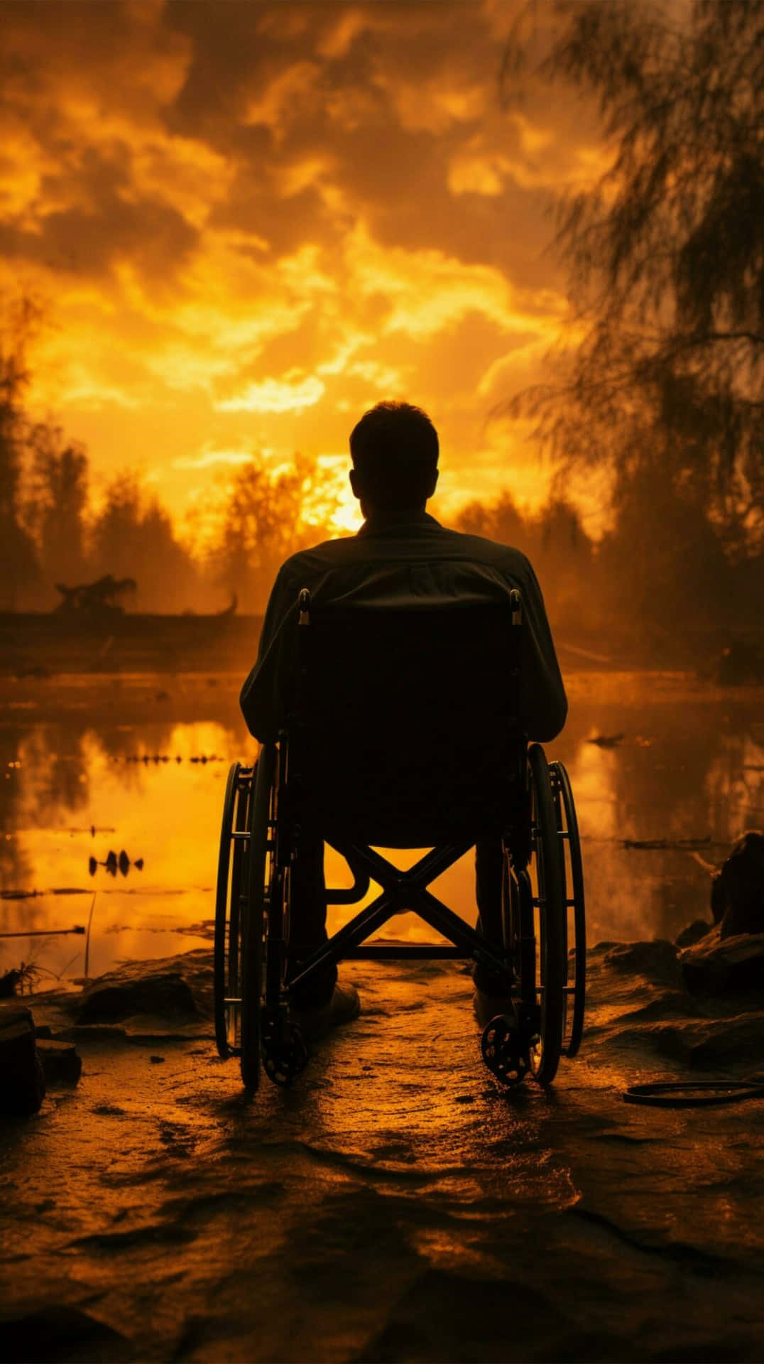 Wheelchair Silhouette Sunset Lake Wallpaper