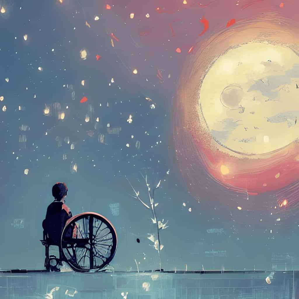 Wheelchair User Admiring Giant Moon Wallpaper