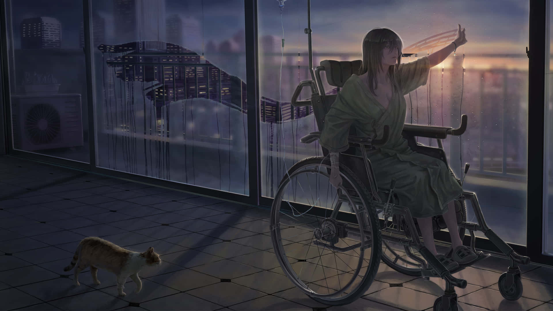 Wheelchair User Contemplating Cityscape Dusk Wallpaper