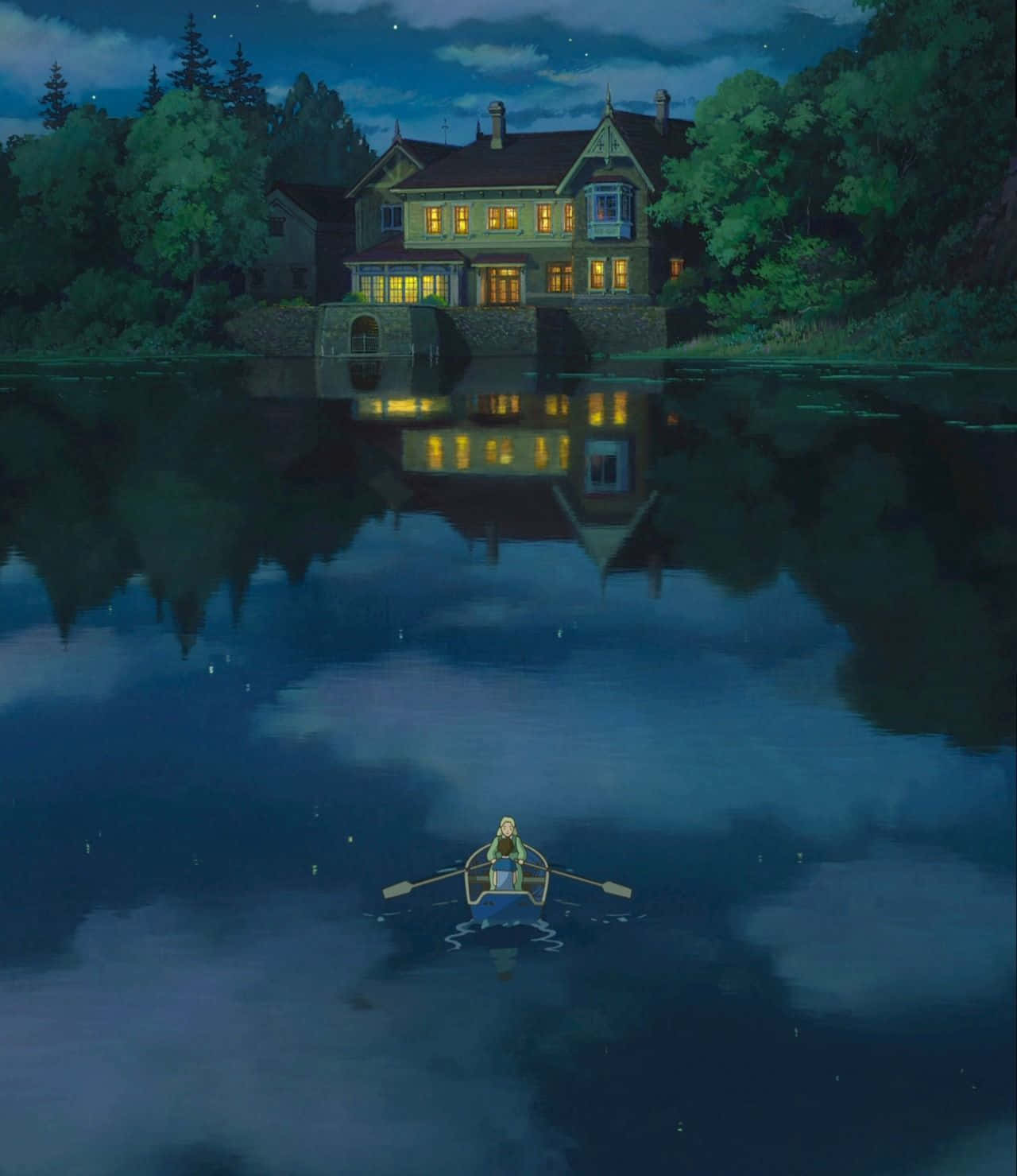 Marnie and Anna enjoying a heartfelt moment by the water in a beautiful scene from the movie "When Marnie Was There" Wallpaper