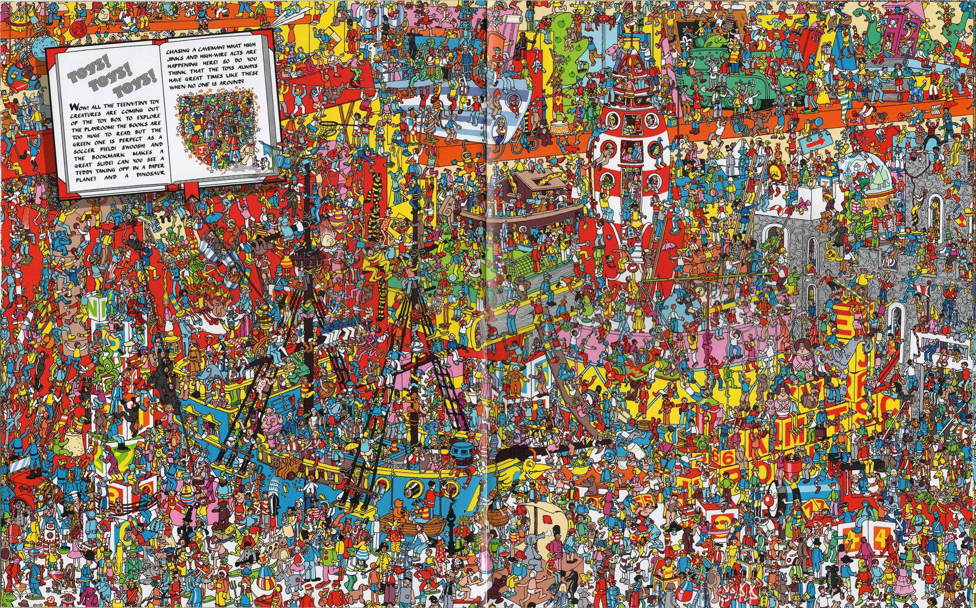 A vibrant and intriguing scene from Where's Waldo with miniature toy creatures, triggering a captivating search adventure. Wallpaper