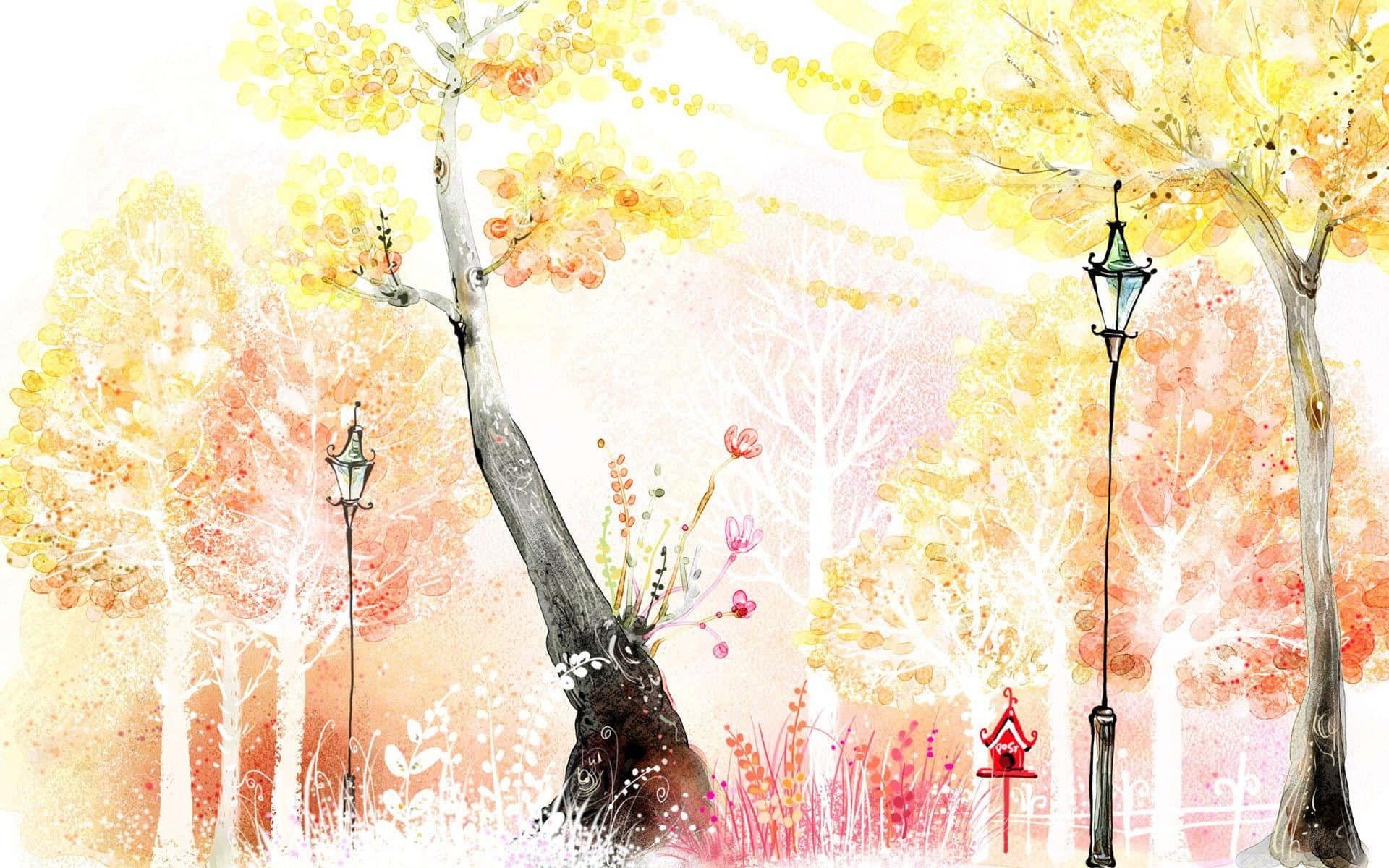 Whimsical Autumn Park Illustration Wallpaper