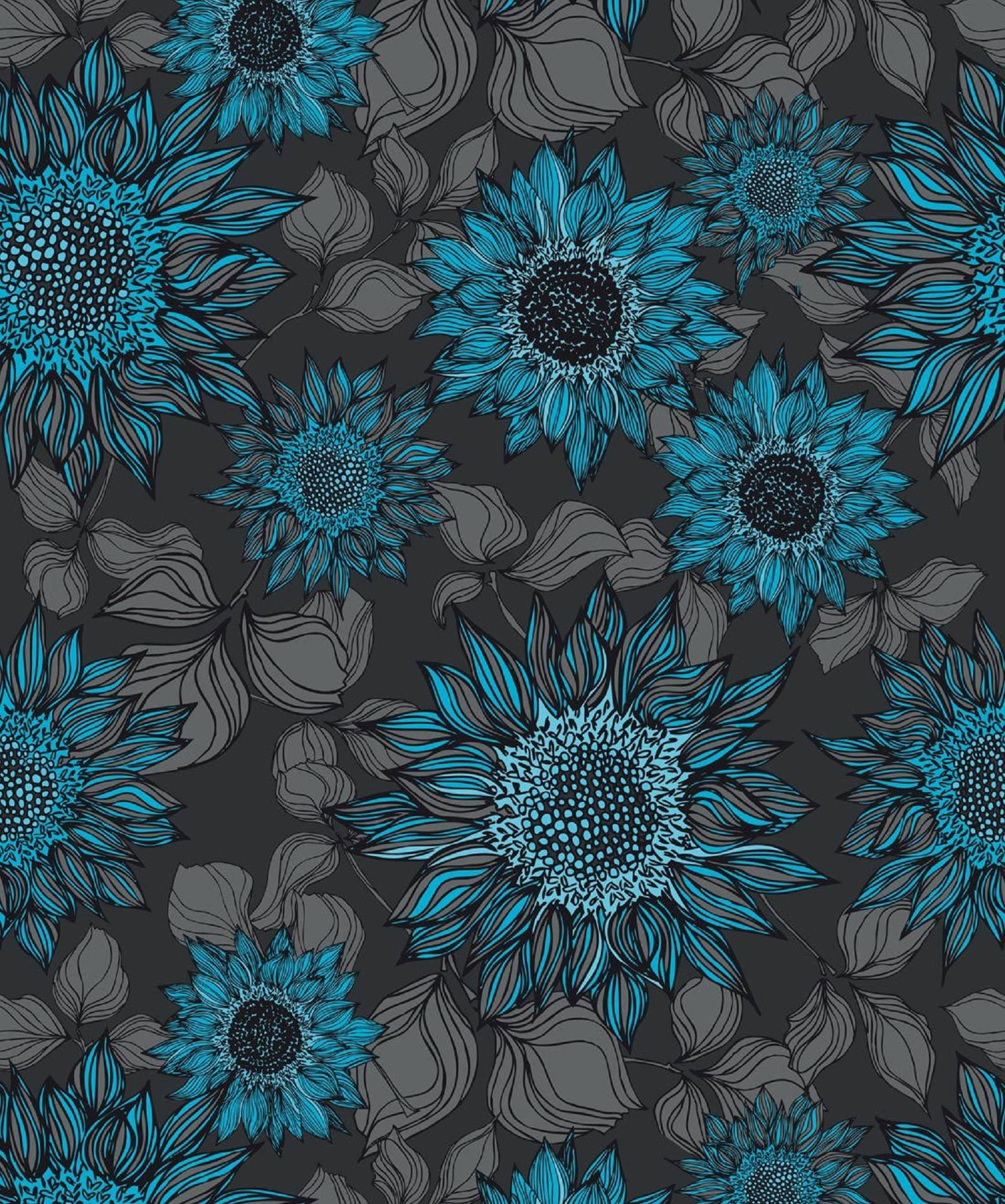 Whimsical Blue Flowers In Gray Wallpaper