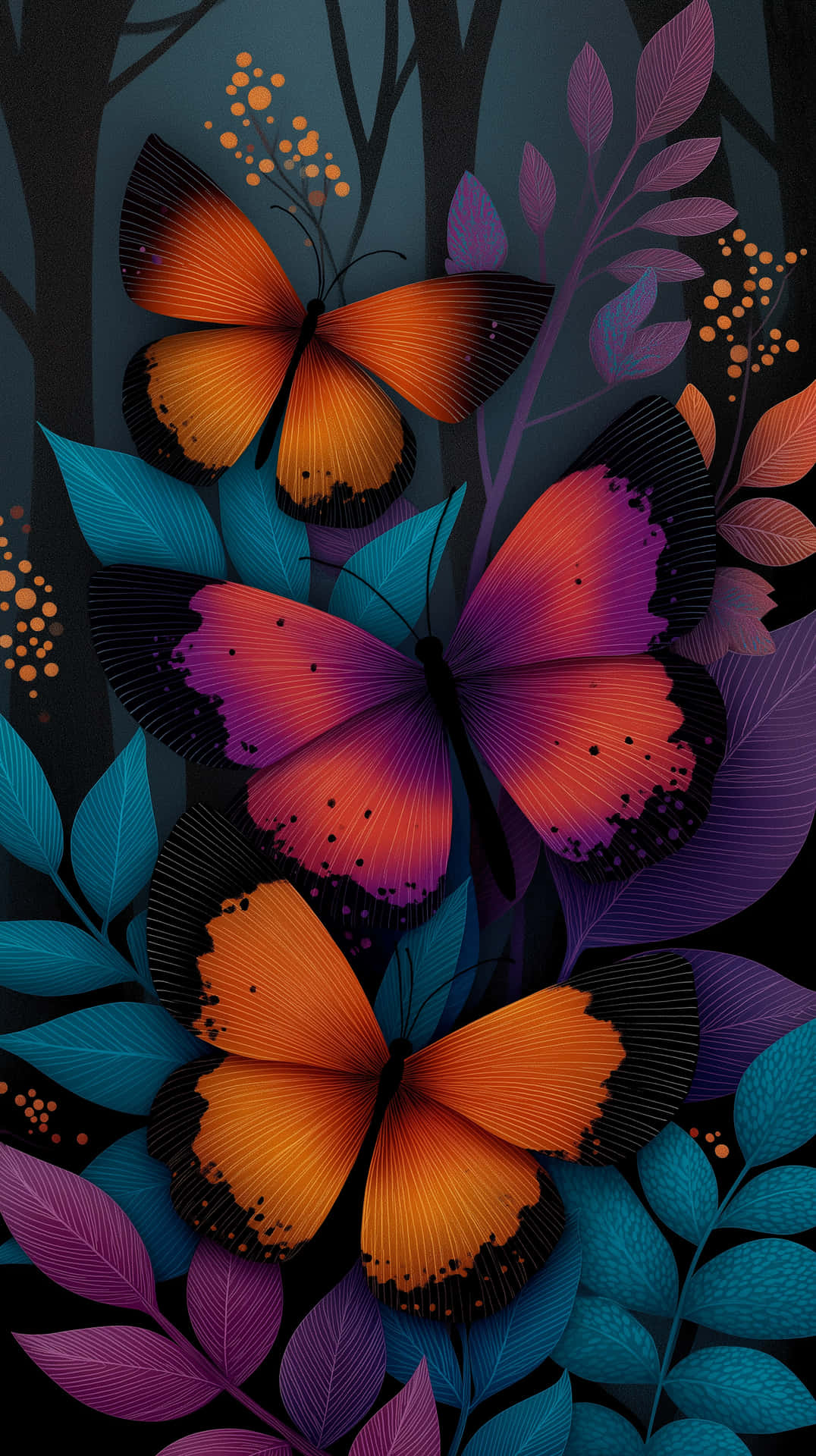 Whimsical Doodle Butterflies In Dark Garden Wallpaper