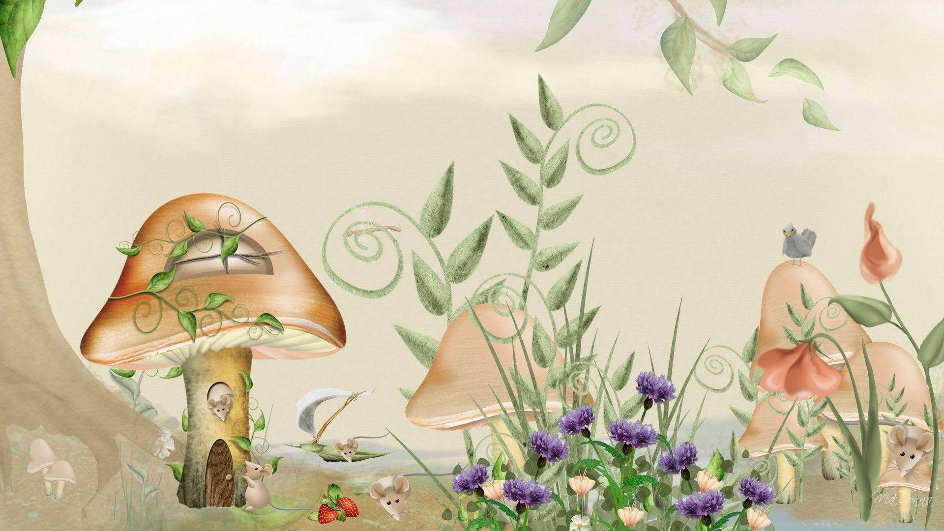 Whimsical Mushrooms With Rats Wallpaper