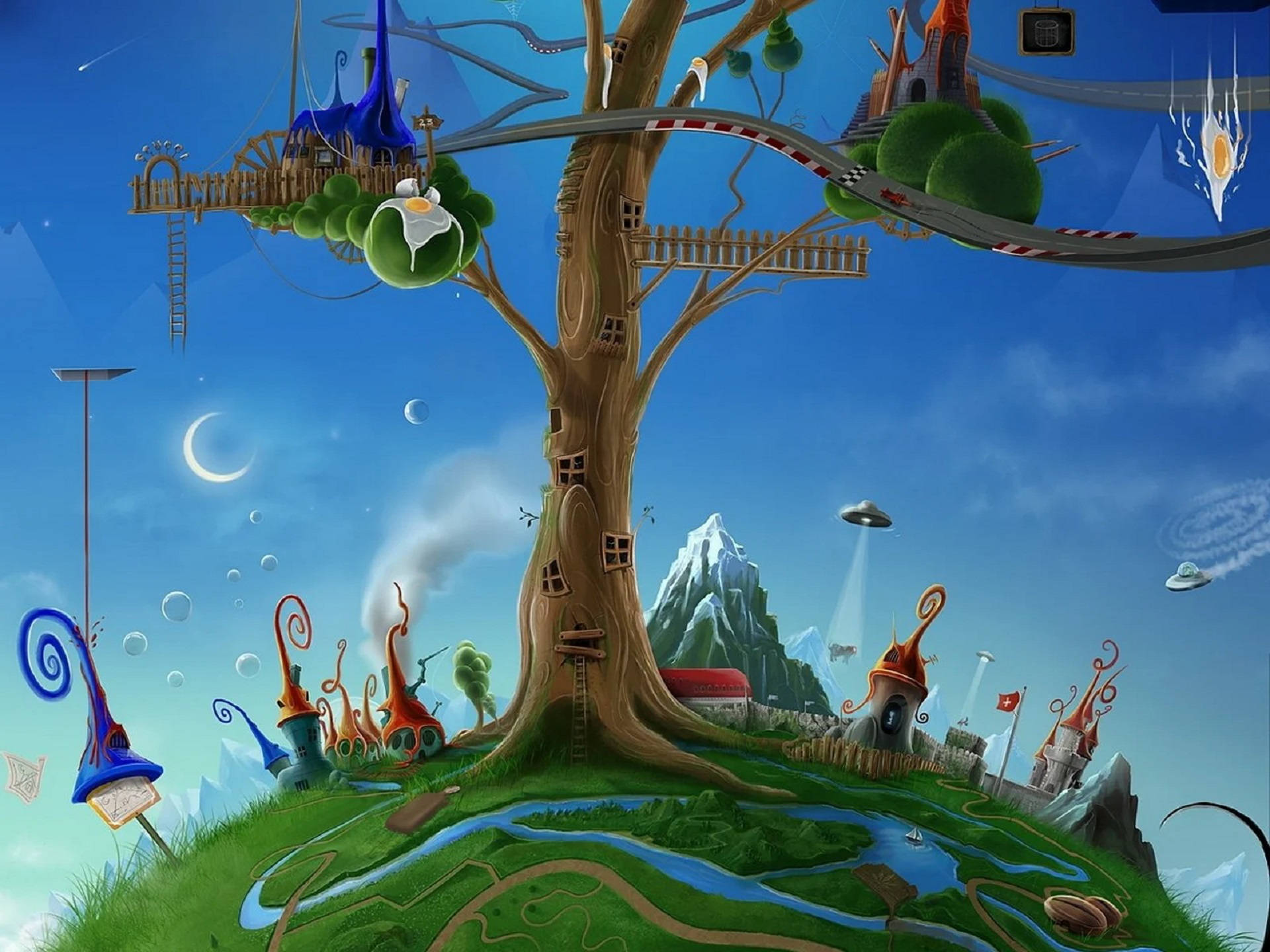 Whimsical Tree House With Spaceships Wallpaper