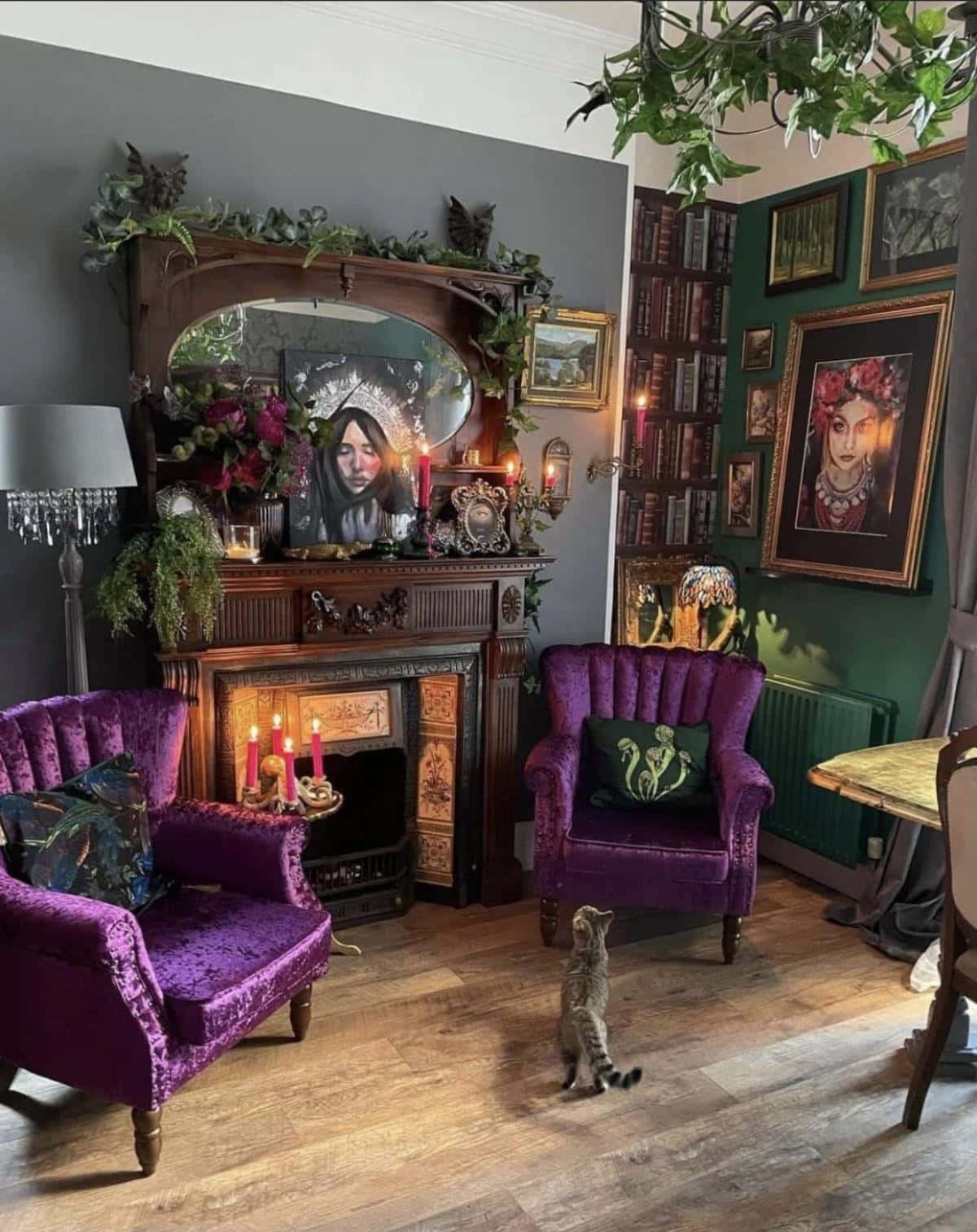 Whimsigoth Interiorwith Catand Purple Chairs Wallpaper