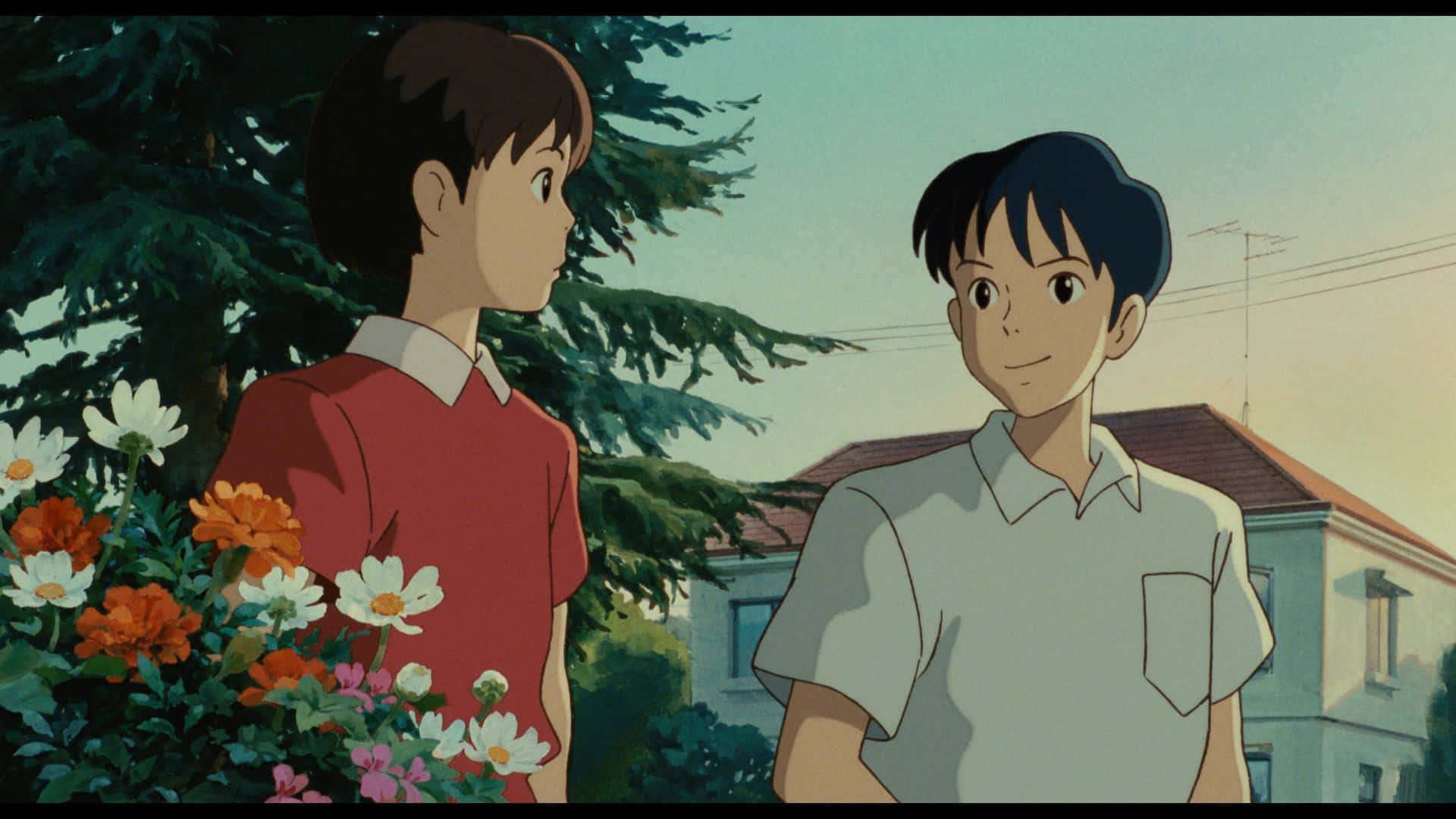 Shizuku and Seiji enjoying each other's company, exploring their dreams and talents in Whisper of the Heart. Wallpaper