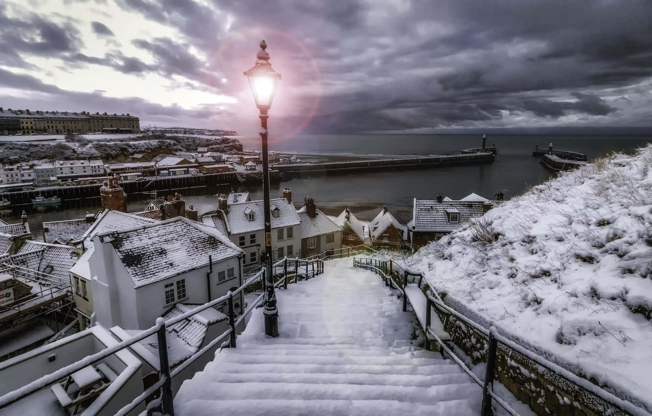 Whitby Winter Snowfall Harbor View Wallpaper