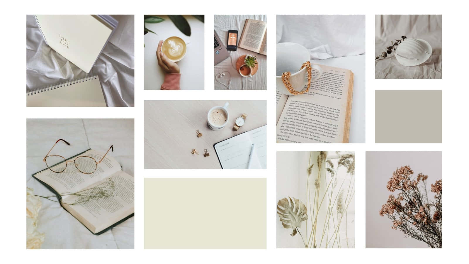 A Collage Of Photos With Books, Flowers And Other Items Wallpaper