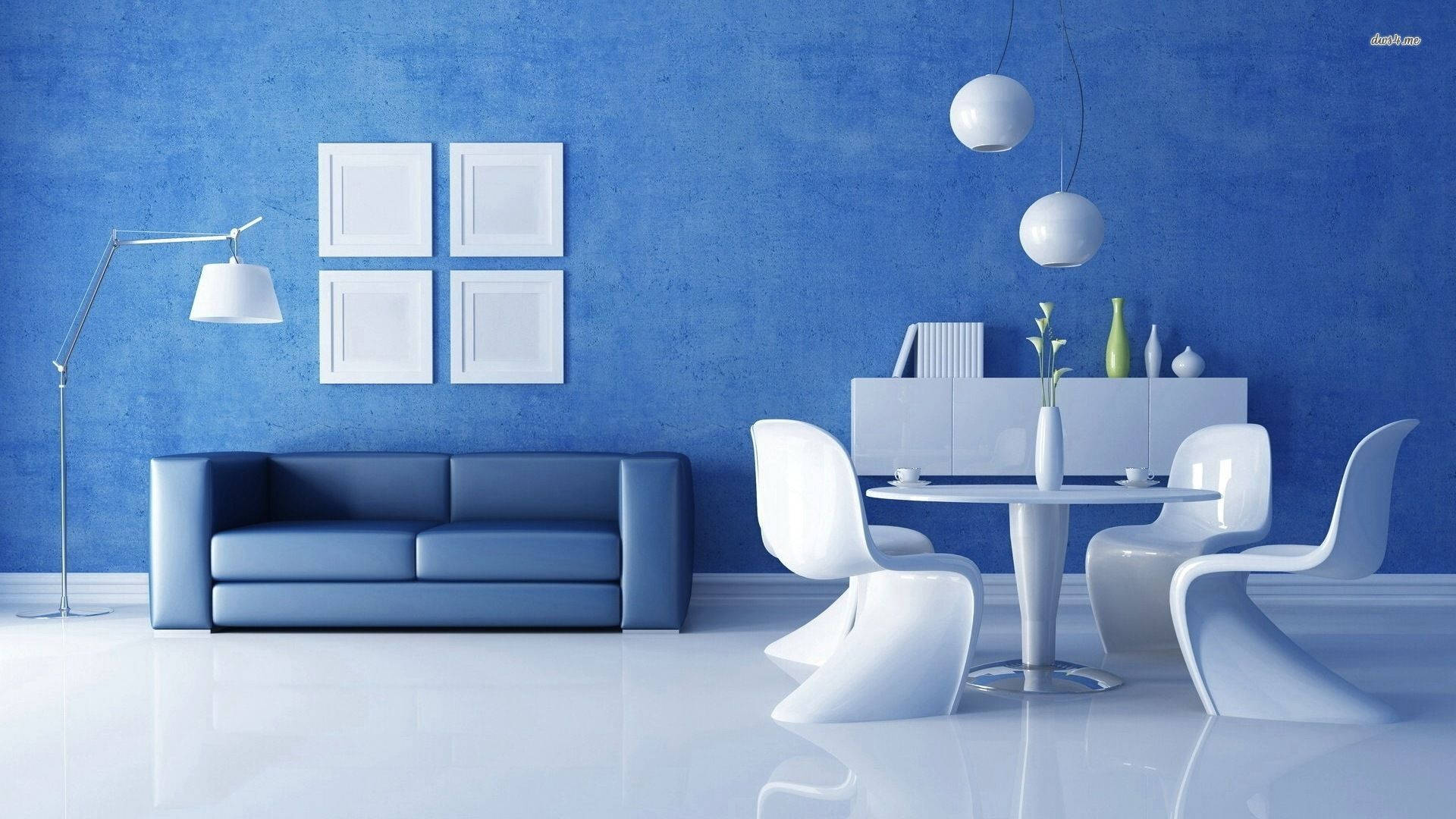 Elegant White and Blue Living Room Interior Wallpaper