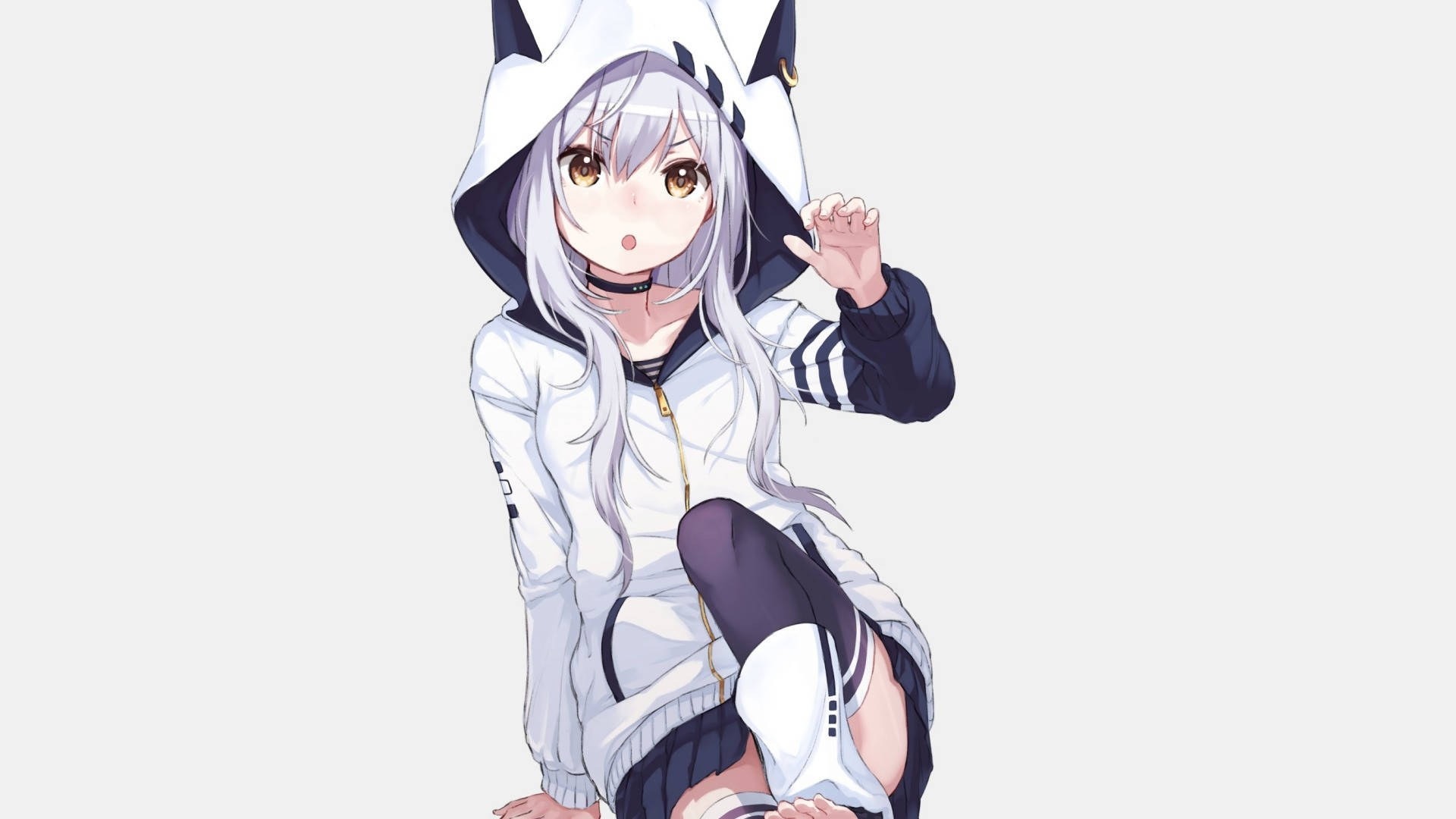 White Anime Girl With Cat Hoodie Picture