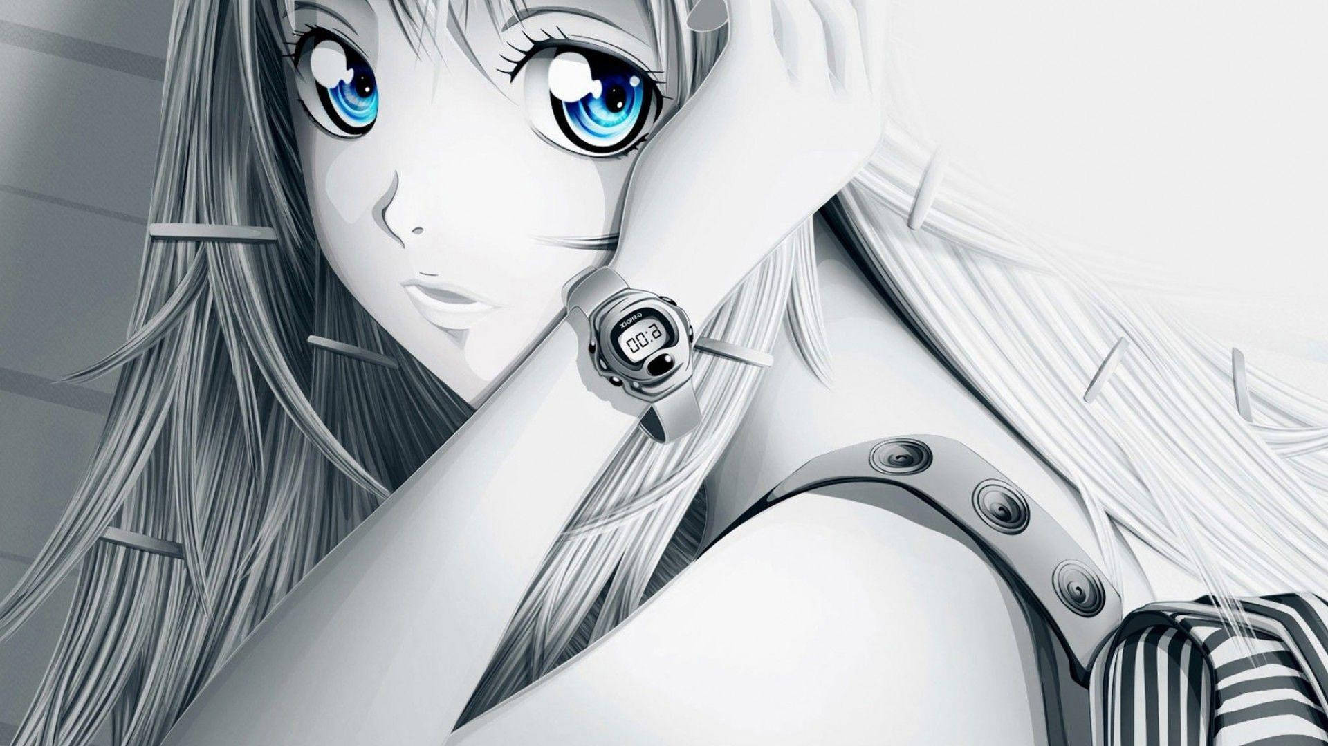 A Girl With Blue Eyes Is Holding Her Phone Wallpaper