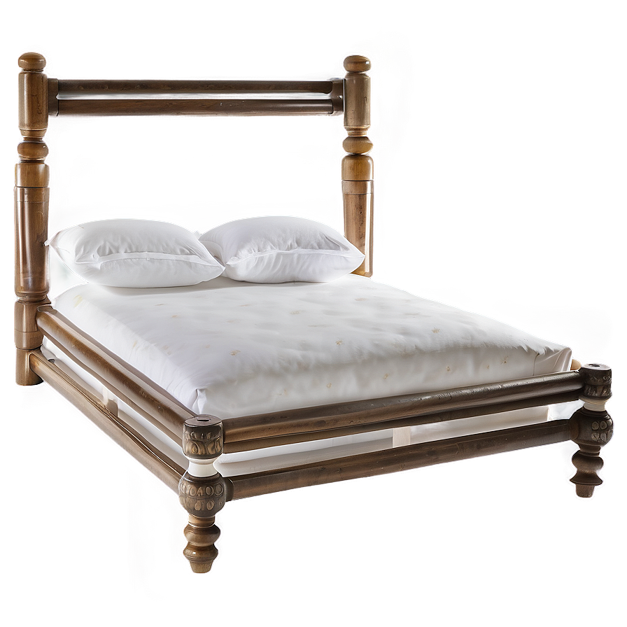 white bed b PNG — A wooden bed with ornate posts and glowing edges sits against a soft beige wall with white pillows and sheets.