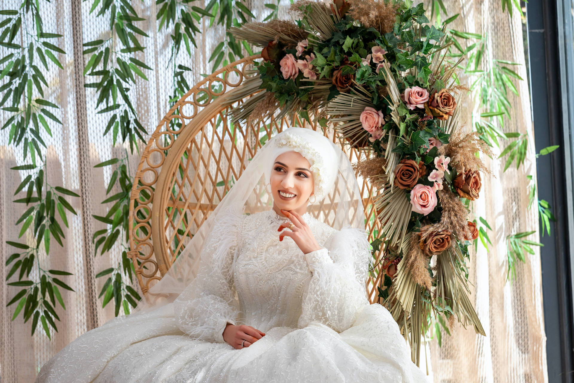 White Bridal Dress With Hijab Wallpaper