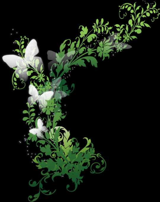 White Butterfly Green Vines Graphic PNG