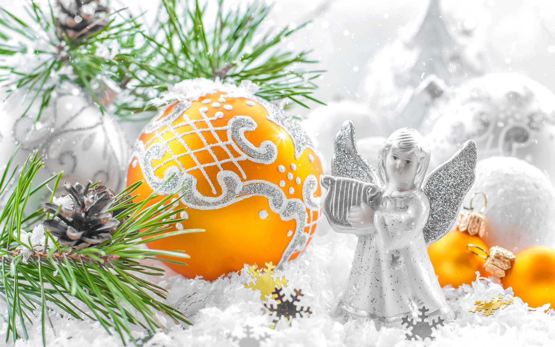 White Christmas Angel And Baubles Wallpaper