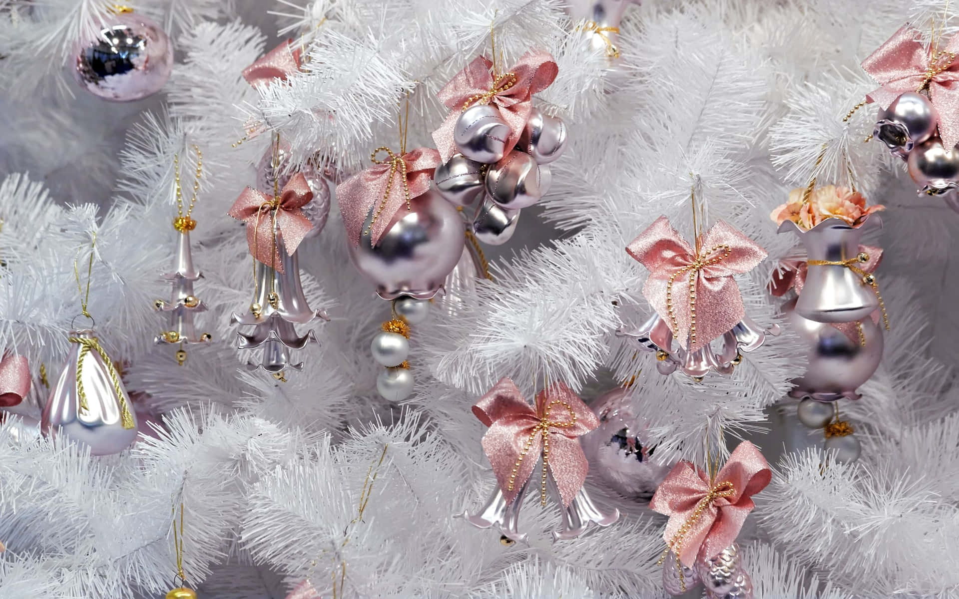 White Christmas Tree Shiny Ornaments Wallpaper