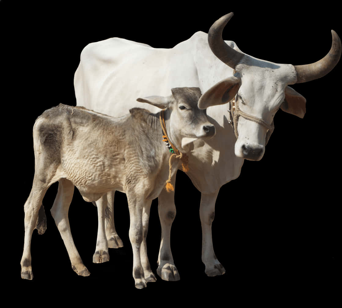 White Cowand Calf Black Background PNG