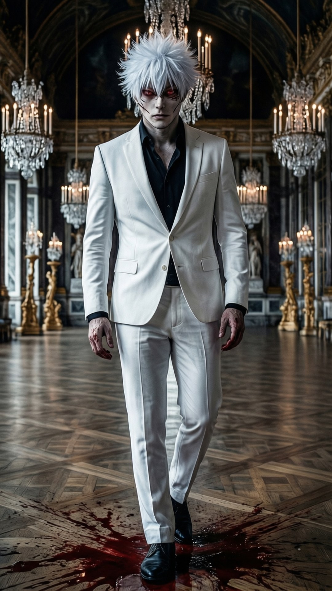 Kaneki Ken in a pristine white suit, a symbol of his transformation.