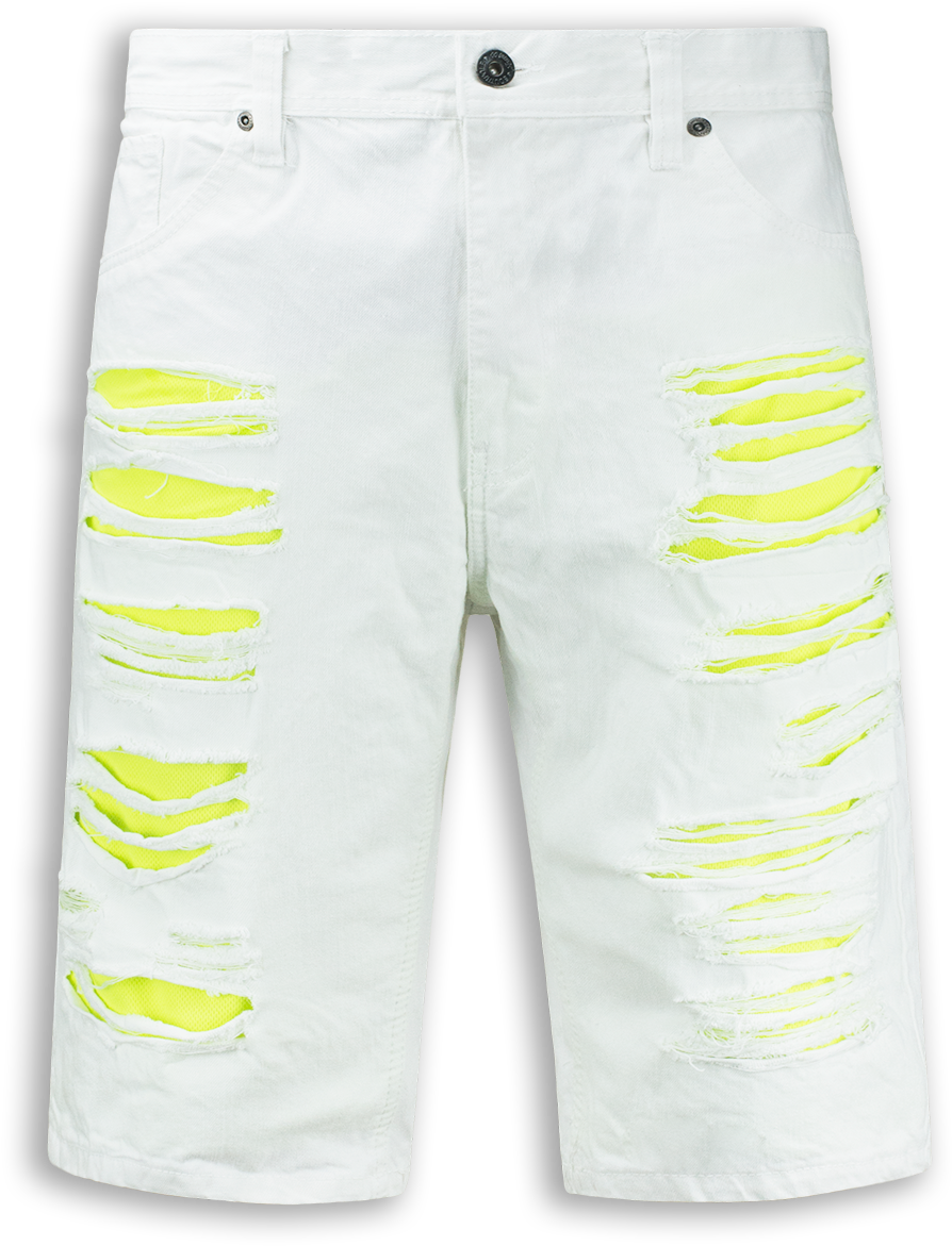 White Distressed Bermuda Shortswith Yellow Accents PNG