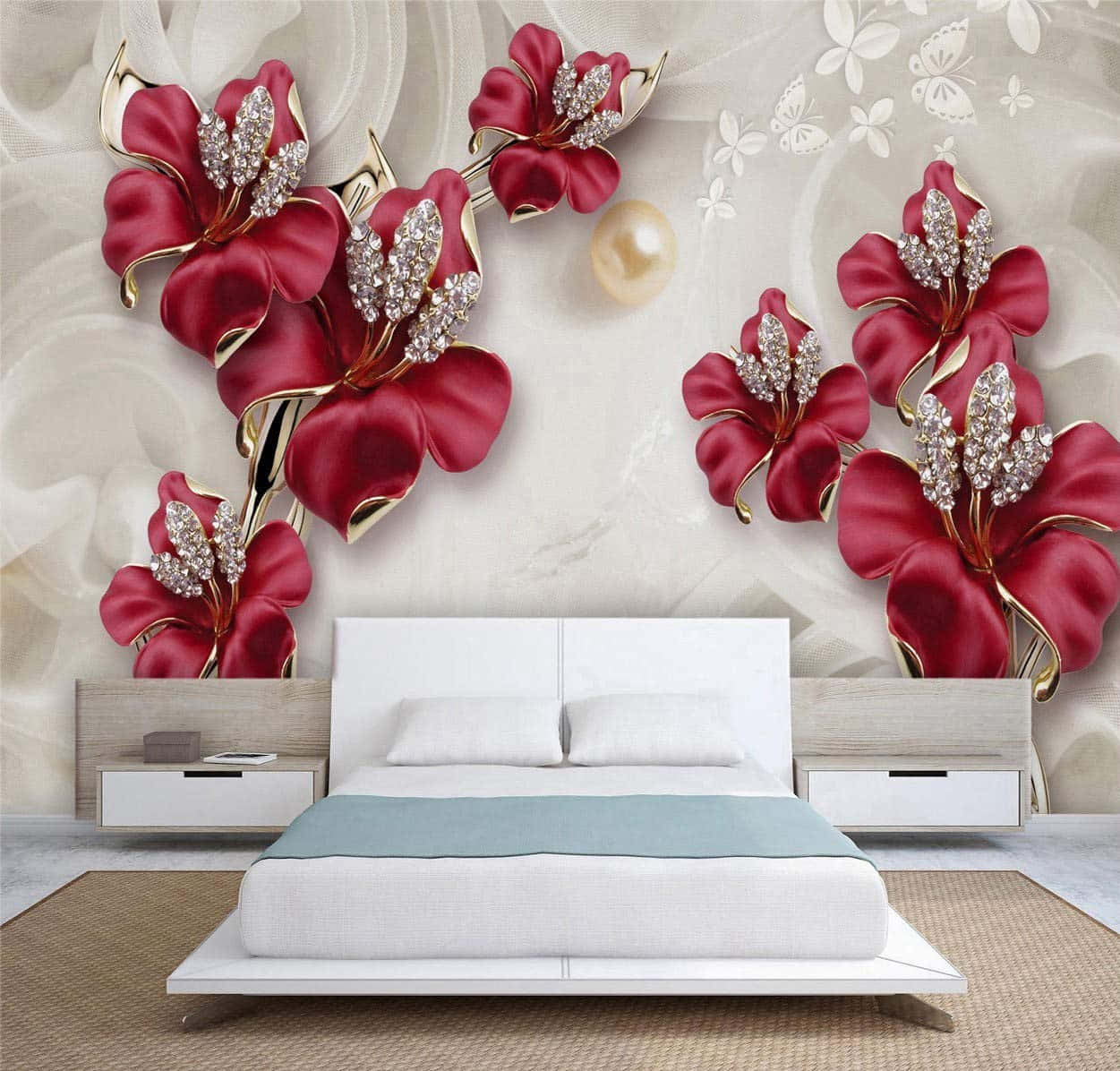Serenity in Sleep: Elegant White Floating Bed Illuminated Amid Oversized Flowers Wallpaper